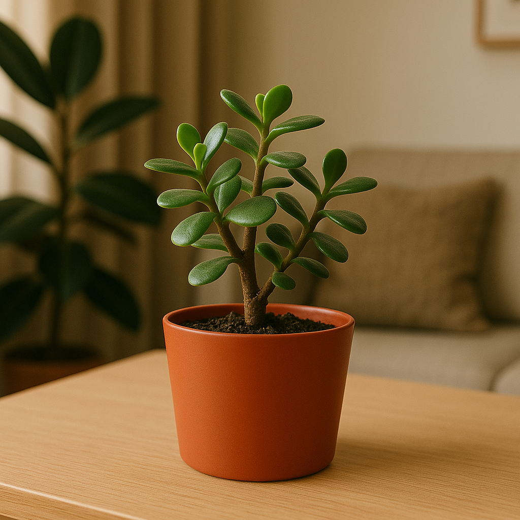 Kleine jadepant in terracotta pot op houten tafel. Achtergrond: lichte kamer.