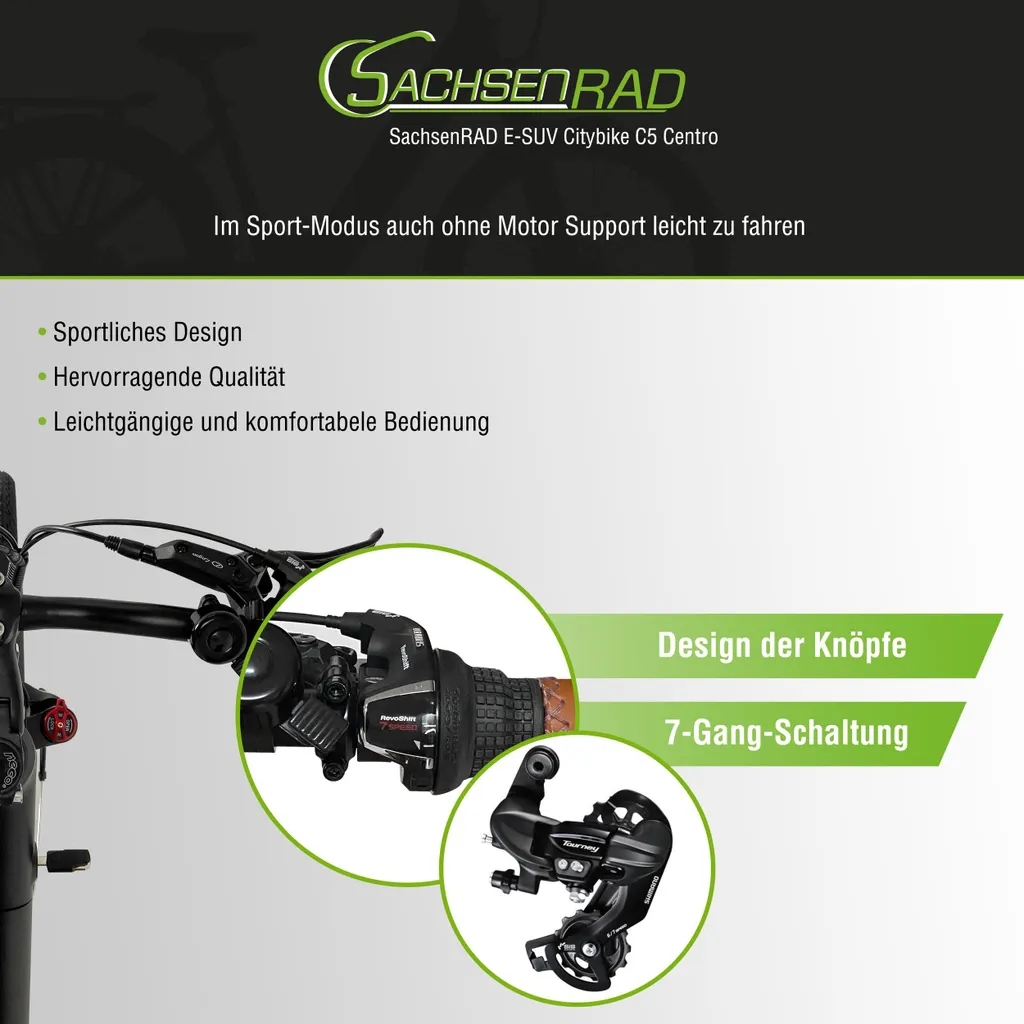 Fahrradlenker mit Gängen und Text, der Merkmale, Getriebedesign und 7-Gang-Schaltung detailliert.