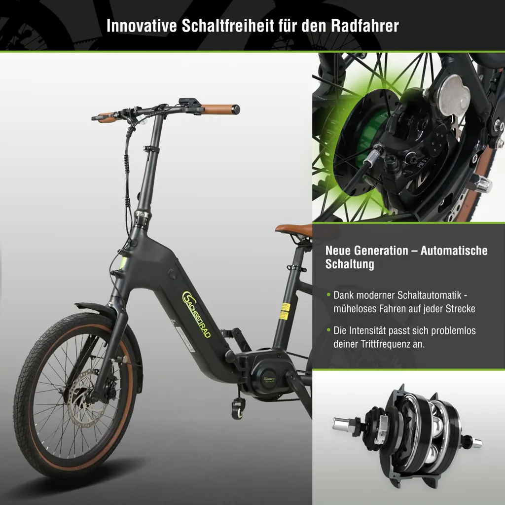 Ein Elektrofahrrad mit Detailansichten, einschließlich automatischer Schaltfunktionen.