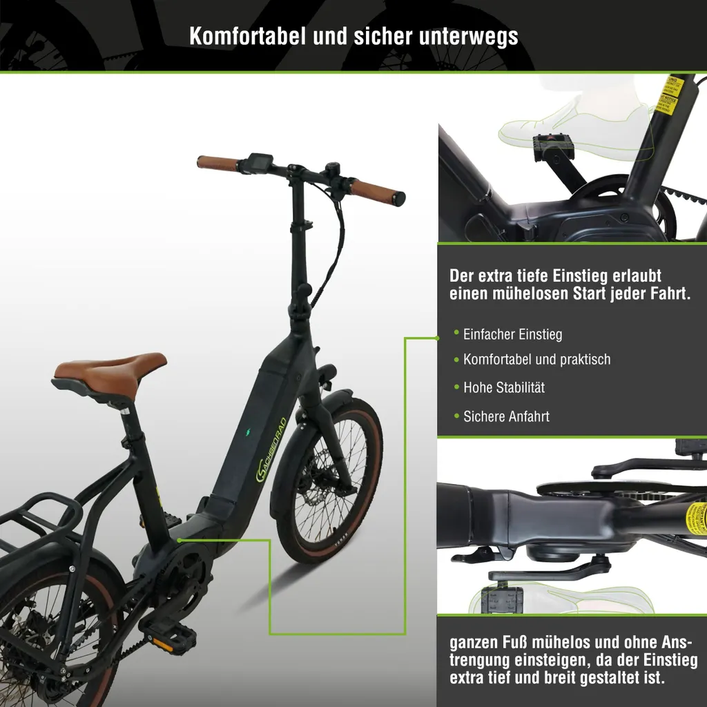 Ein Elektrofahrrad mit braunem Sitz, schwarzem Rahmen und einer Grafik mit Details. Text auf Deutsch.