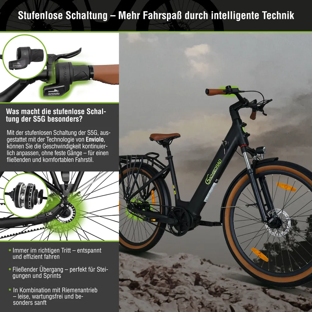 Ein Fahrrad mit Text, der seine Eigenschaften beschreibt, einschließlich Gängen und Antriebssystem.