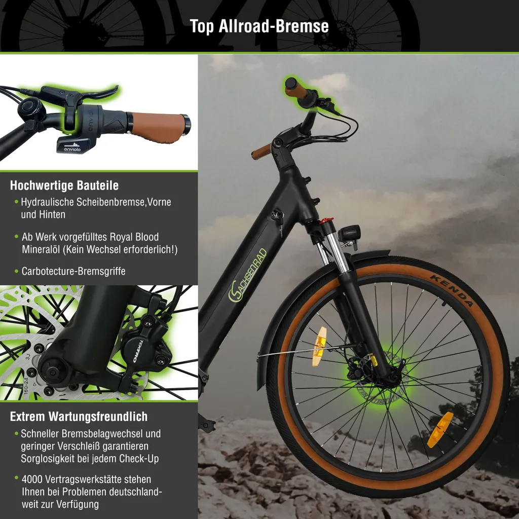 Schwarzes E-Bike. Zeigt das Vorderrad, den Lenker und das Bremssystem.