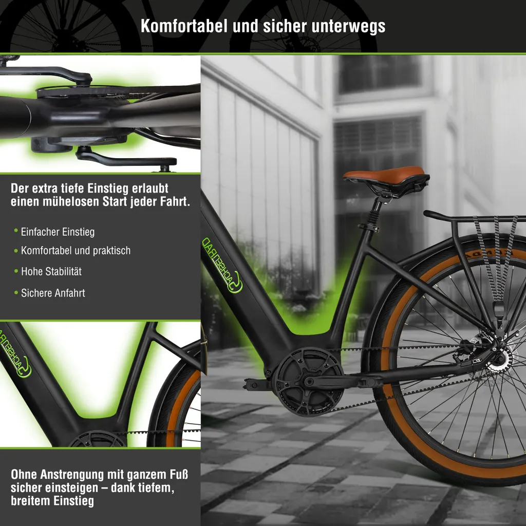 Ein schwarzes Fahrrad mit braunem Sitz und Rädern, Text auf Deutsch über einfachen Start und Komfort.