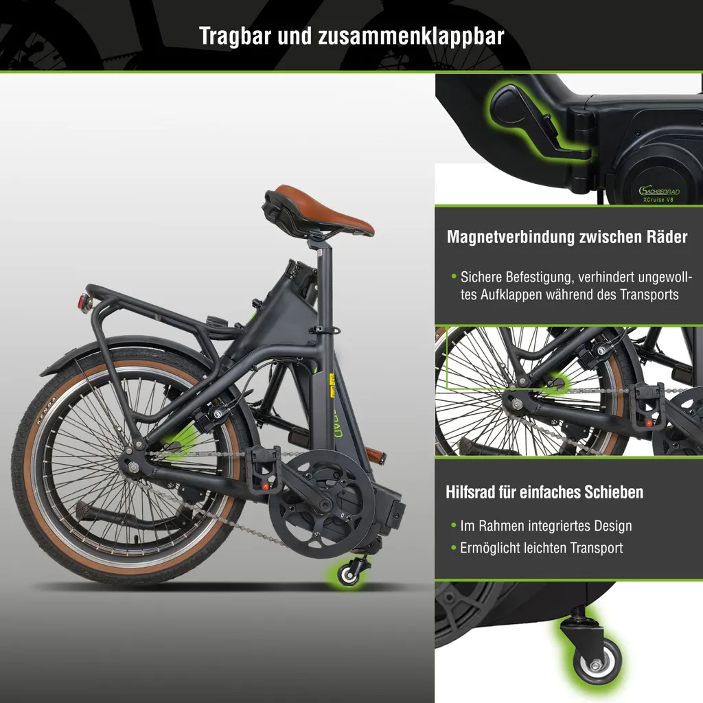Faltbares schwarzes Fahrrad mit braunem Sitz und Rädern, mit Nahaufnahmen seiner Merkmale.