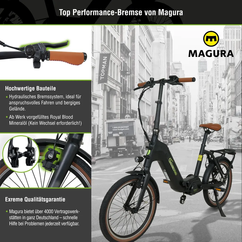 Ein schwarzes Elektrofahrrad auf einer Stadtstraße, mit Text und Bildern, die seine Funktionen und Vorteile beschreiben.