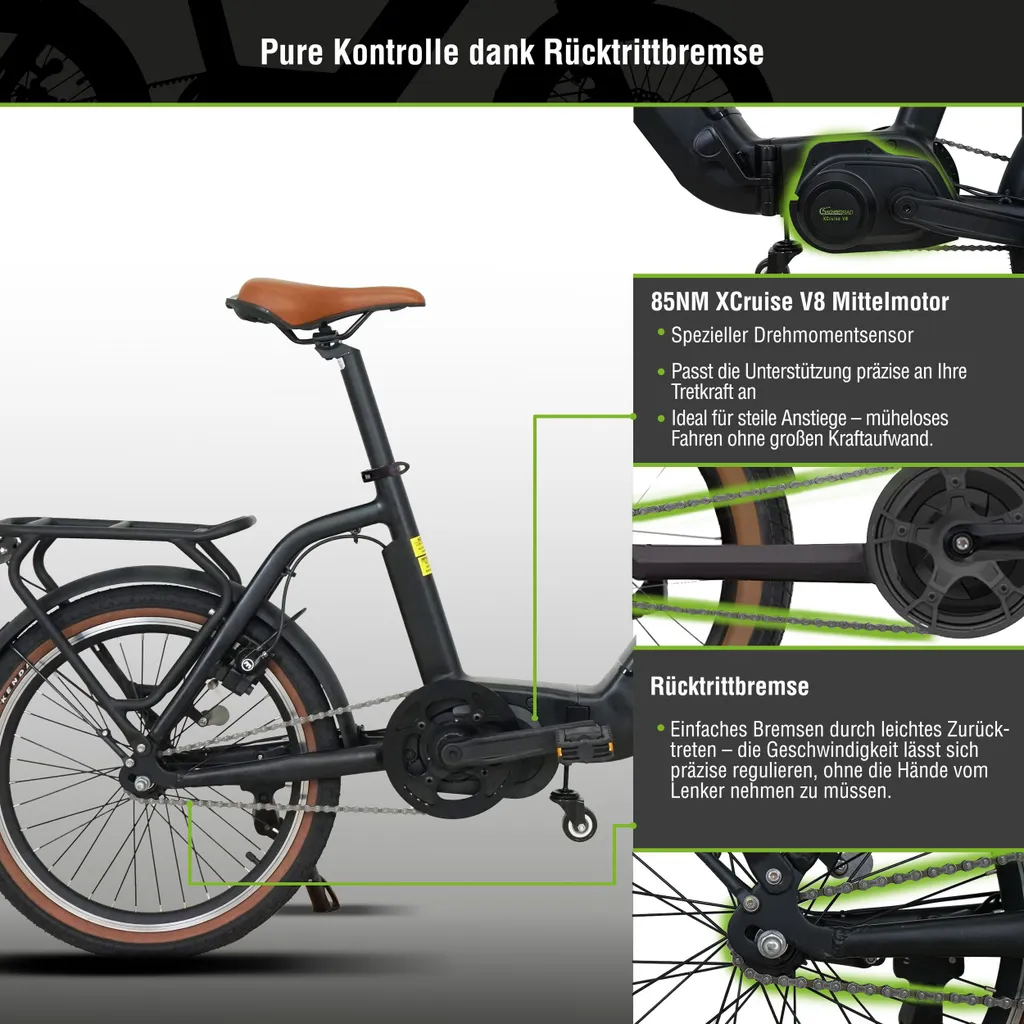 Schwarzes Fahrrad mit hervorgehobenen Merkmalen, einschließlich Hinterradbremse und Motordetails.