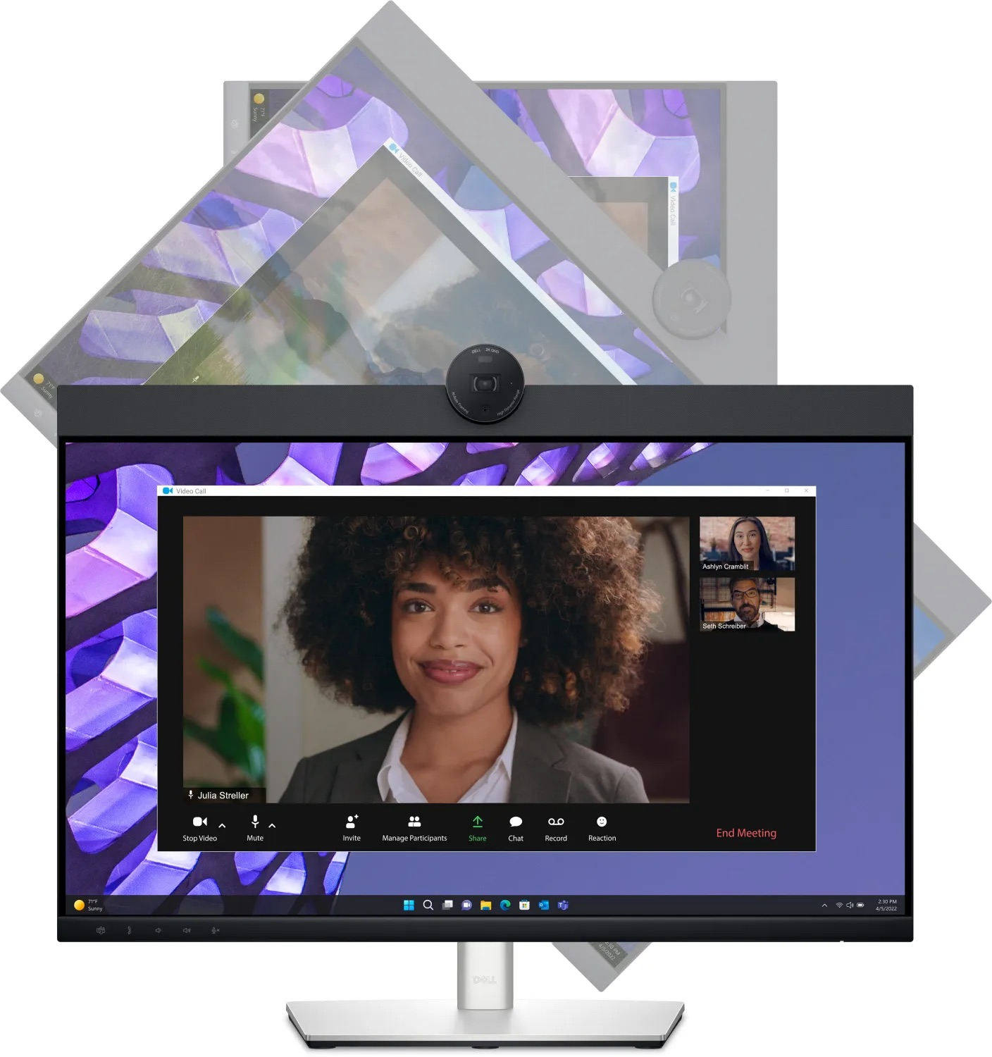 Ekran komputera wyświetlający połączenie wideo. Nad ekranem znajduje się kamera.