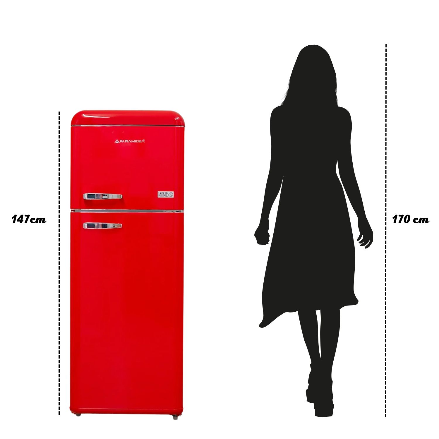 Frigorifero retrò rosso con silhouette di donna, altezza 170cm, frigo 147cm.