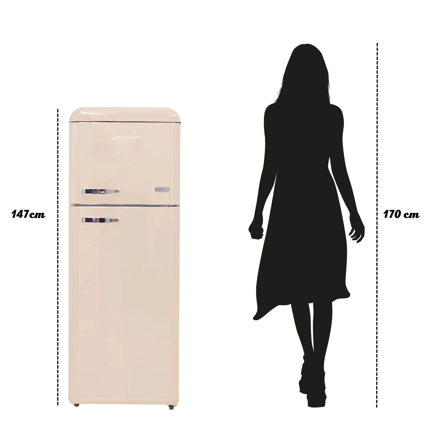 Frigorifero retrò beige con sagoma di donna, dimensioni indicate.