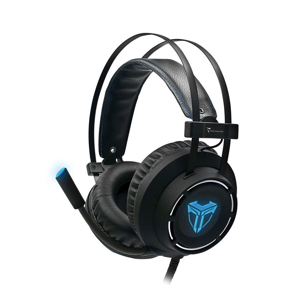 Cuffie da gioco nere con microfono e logo blu luminoso.