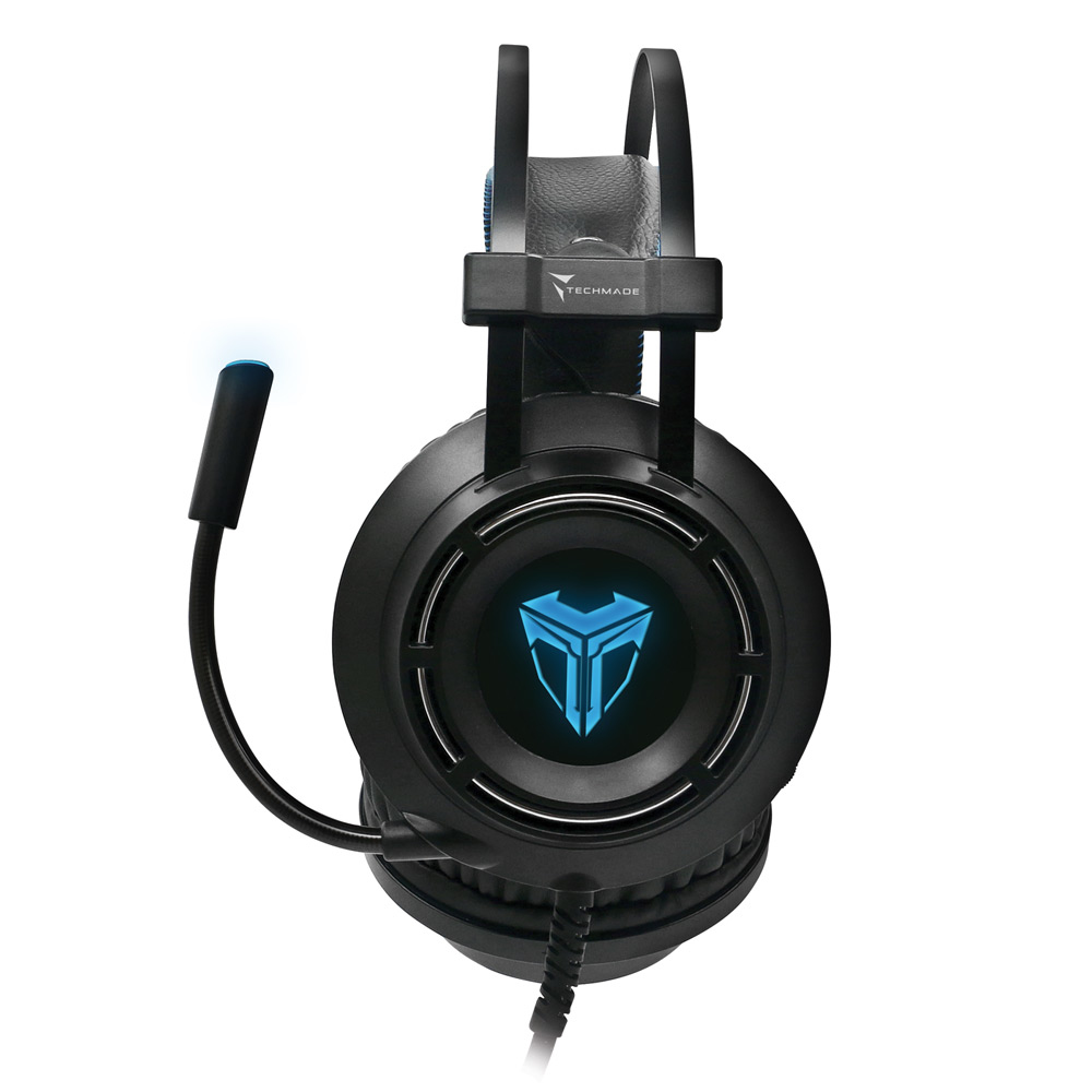 Cuffie da gioco nere con logo blu illuminato e microfono.
