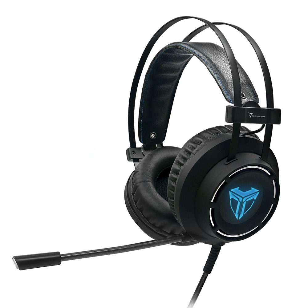 Cuffie gaming nere con microfono. Con padiglioni, fascia e luci blu.