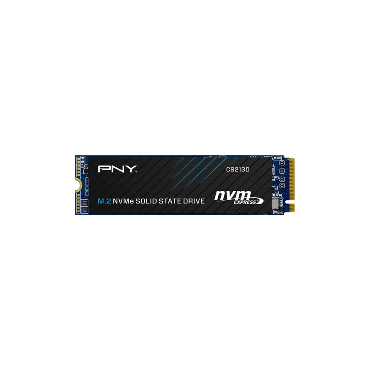 SSD PNY. Colori nero, blu e bianco. M.2 NVMe. Testo: M.2 NVMe Solid State Drive.
