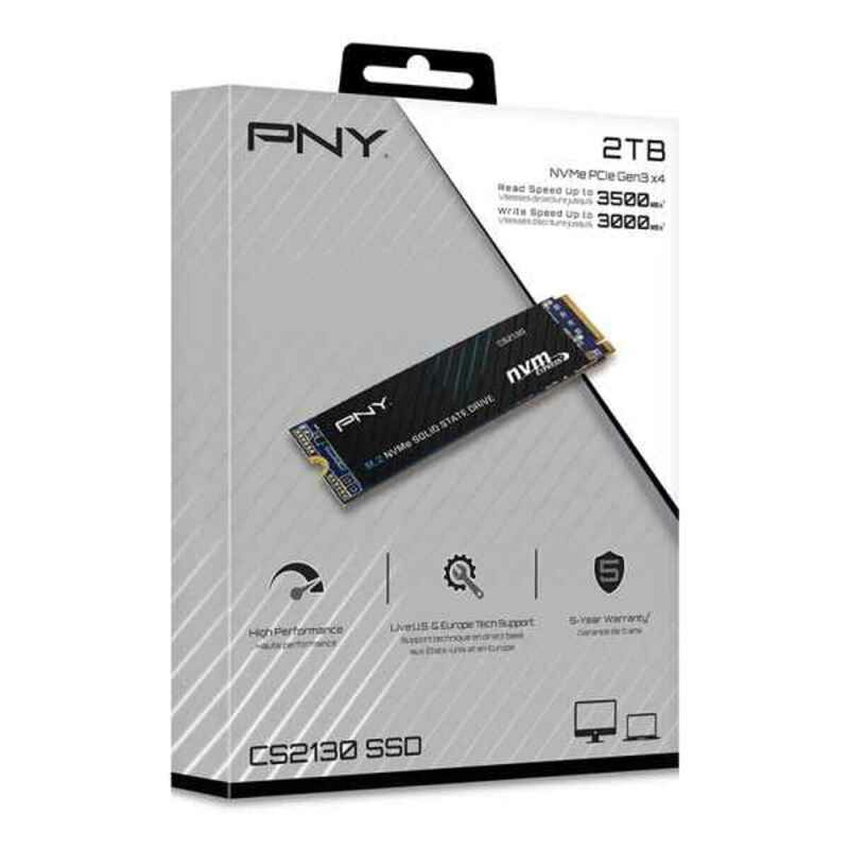 Scatola SSD PNY 2TB NVMe con specifiche: Velocità di lettura 3500, Scrittura 3000.