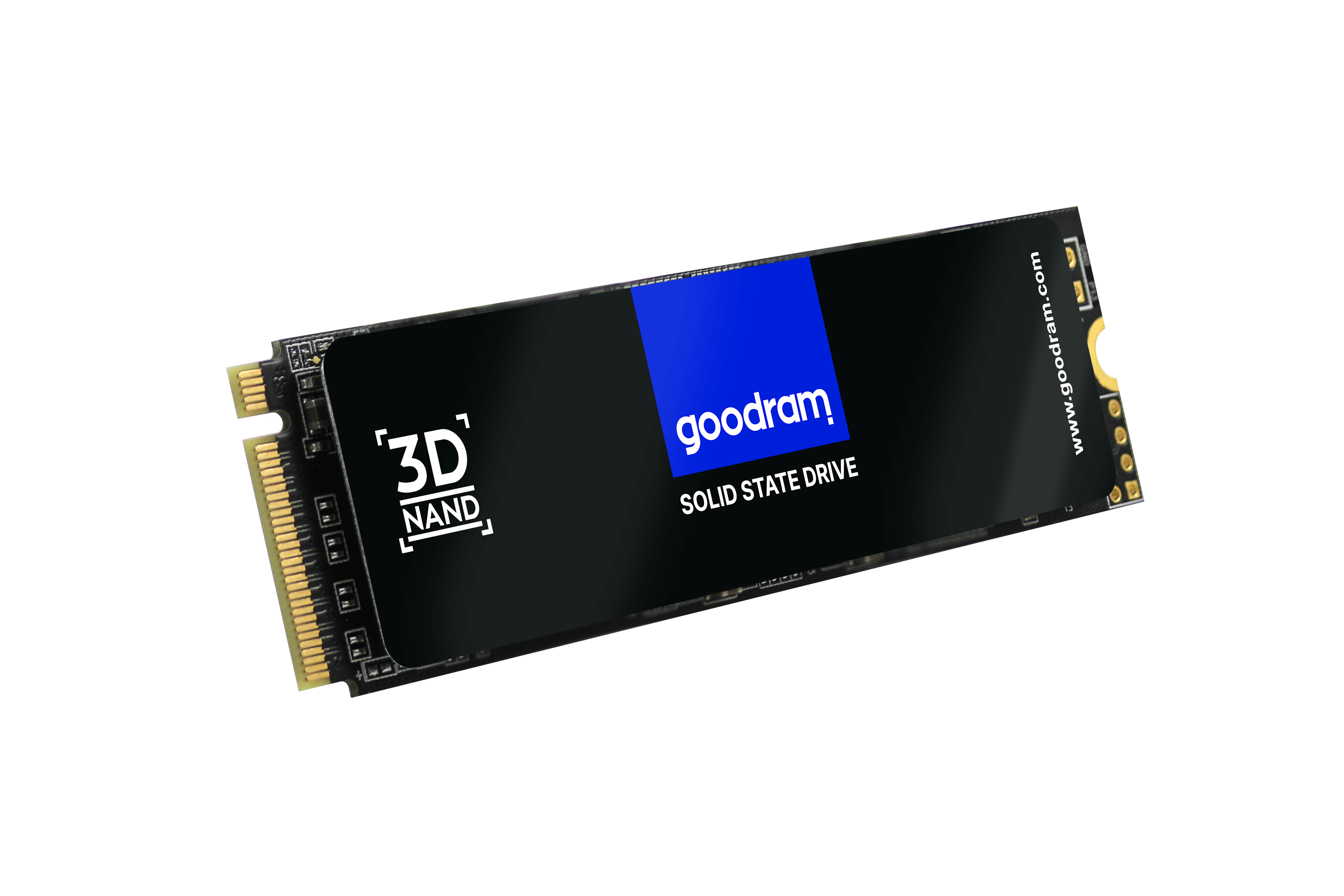 Unità SSD con 'goodram' e '3D NAND' stampati. Sfondo bianco.