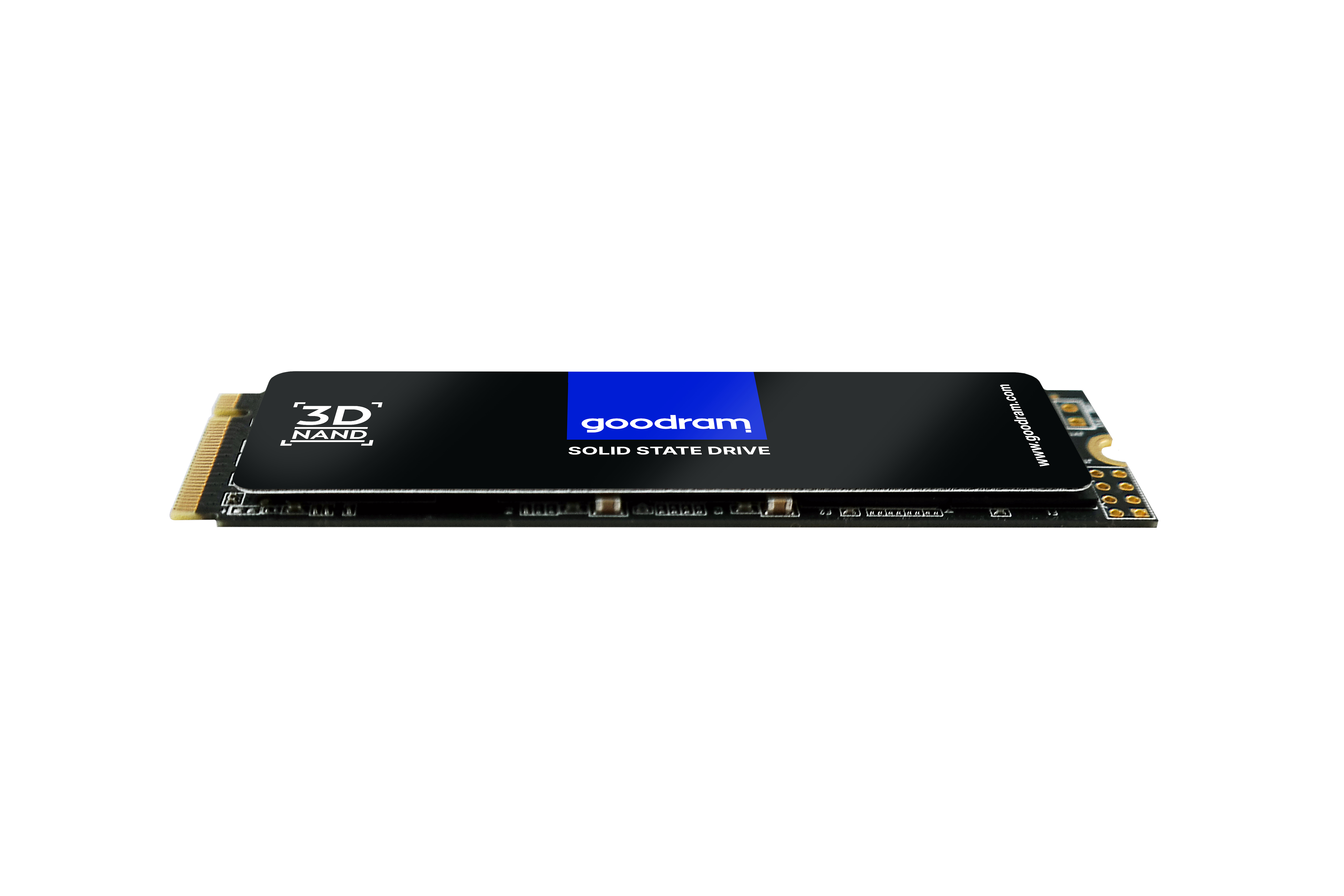 Un SSD Goodram nero e blu su sfondo bianco. Ha le etichette '3D NAND' e 'Solid State Drive'.