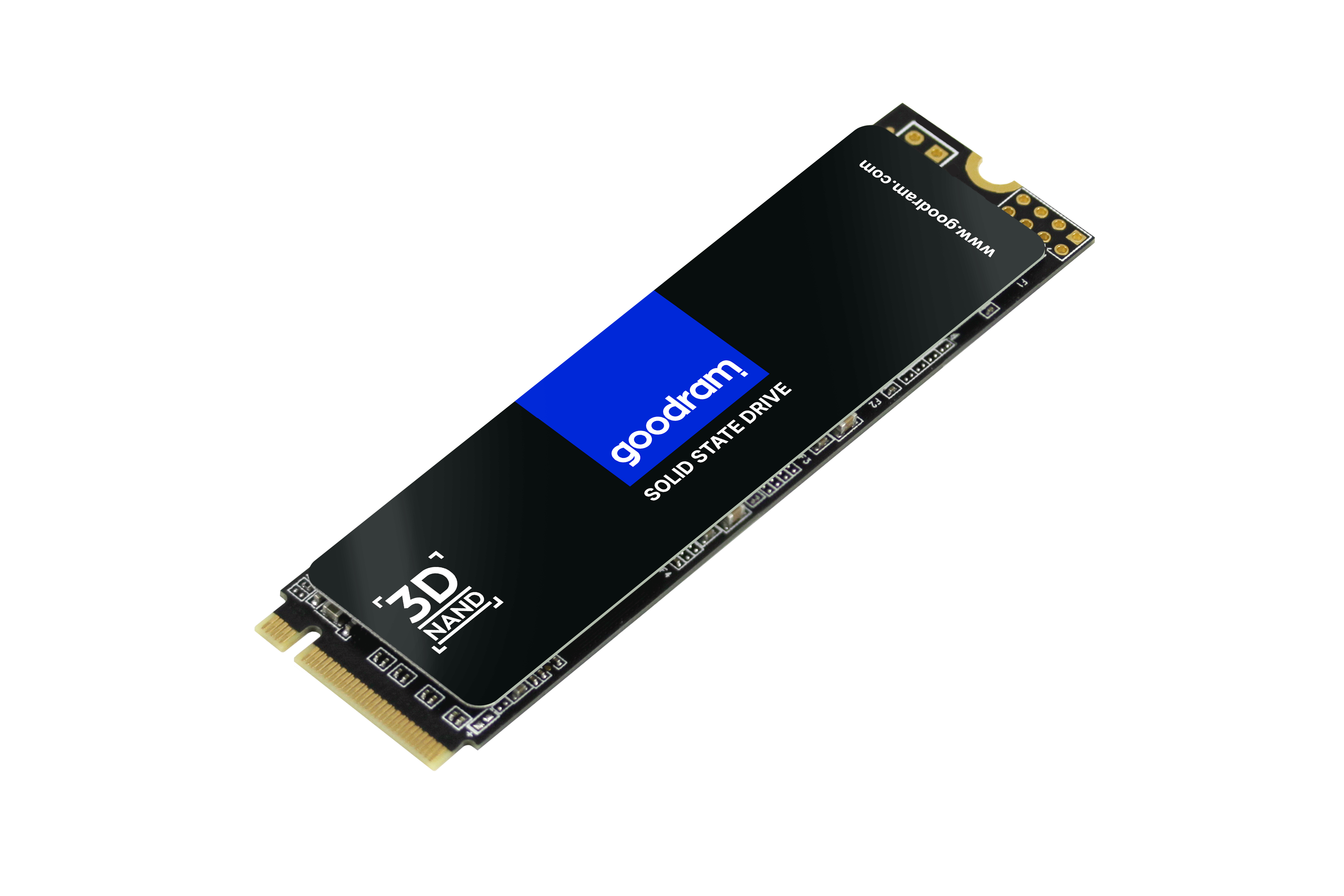 SSD Goodram, corpo nero, etichetta blu, logo 3D NAND, su sfondo bianco.