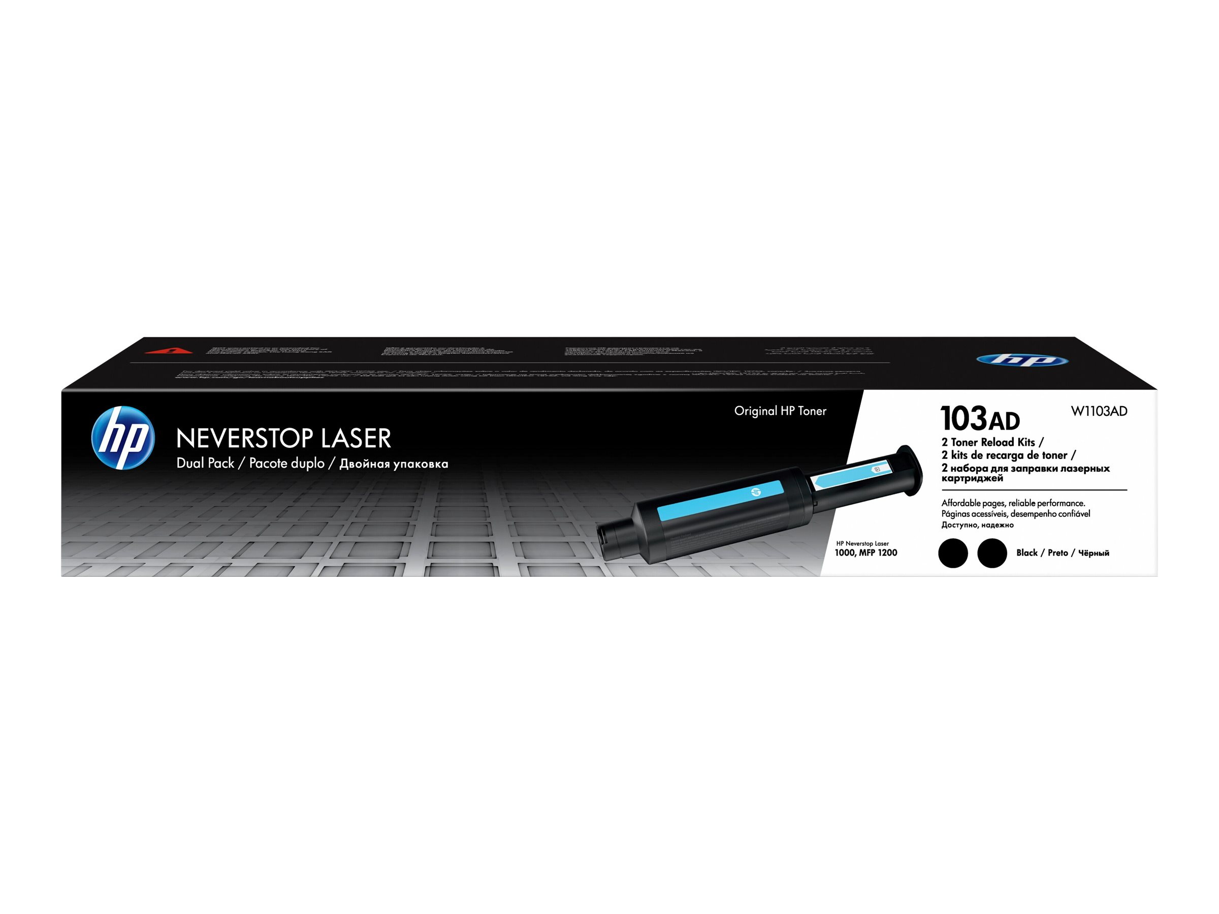 HP Neverstop Laser tonercartridge doos. De doos heeft het HP-logo en productinformatie.