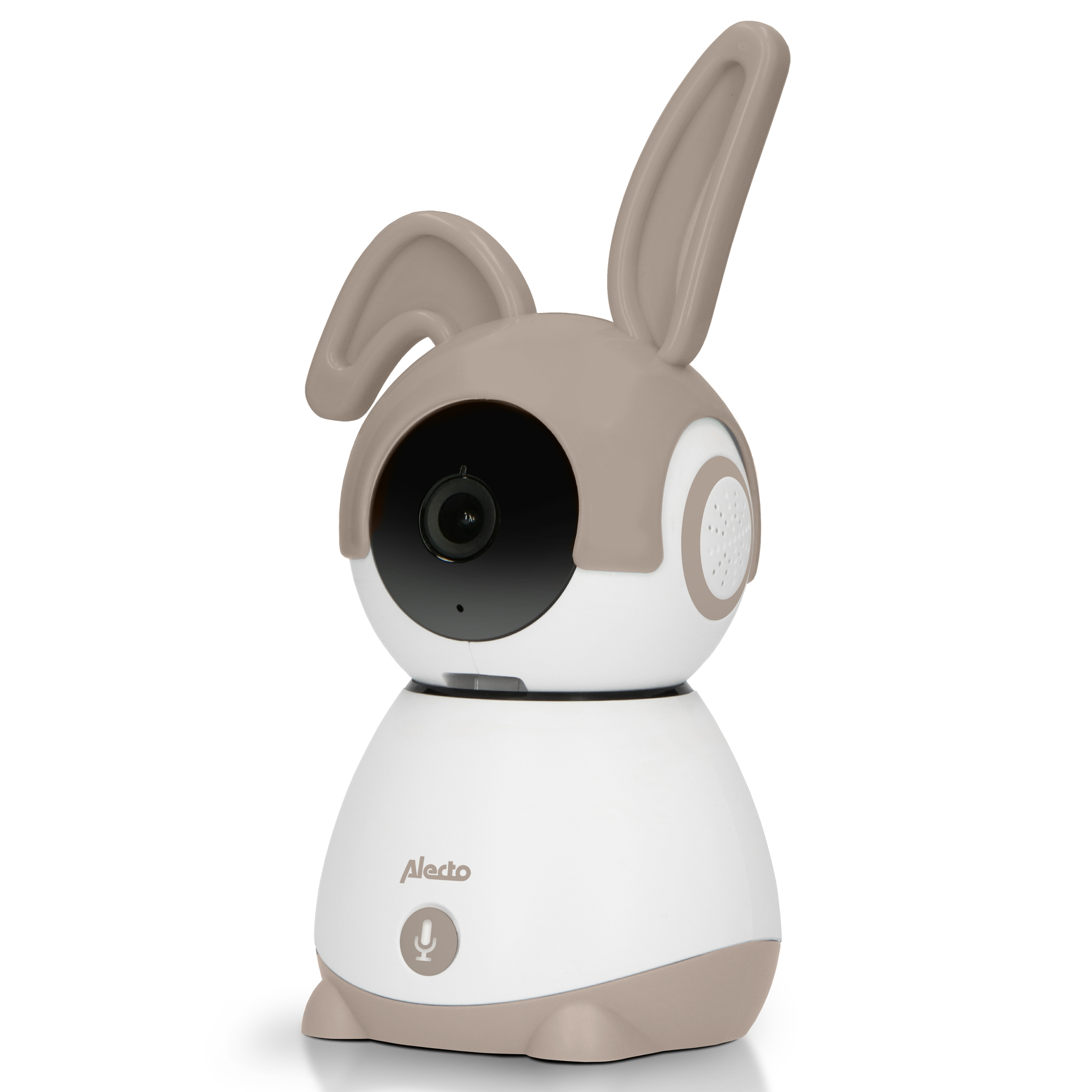 Weißer und hellbrauner Babyphone in Hasenform mit schwarzem Kameraobjektiv.