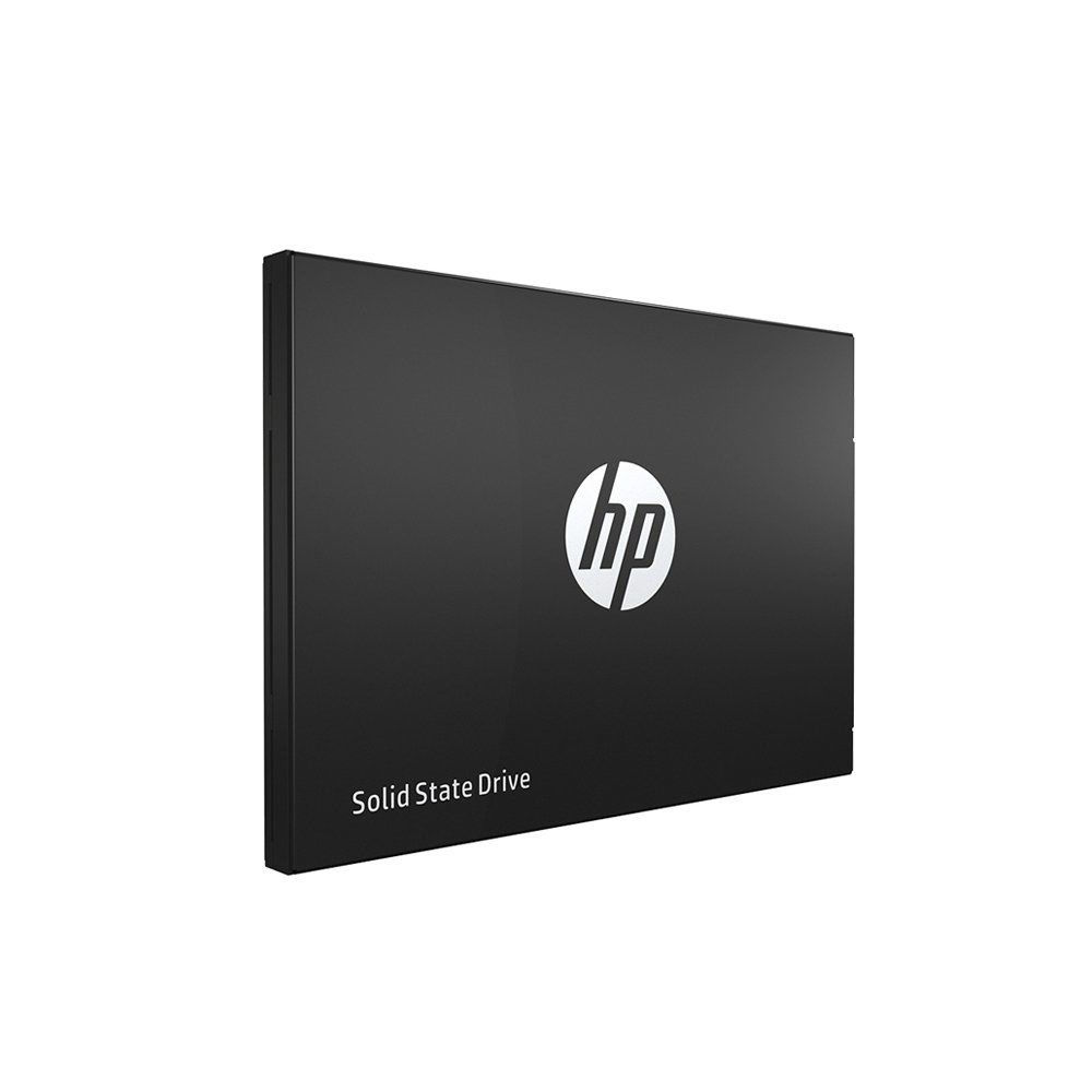 Czarny dysk SSD HP z białym logo HP na białym tle.
