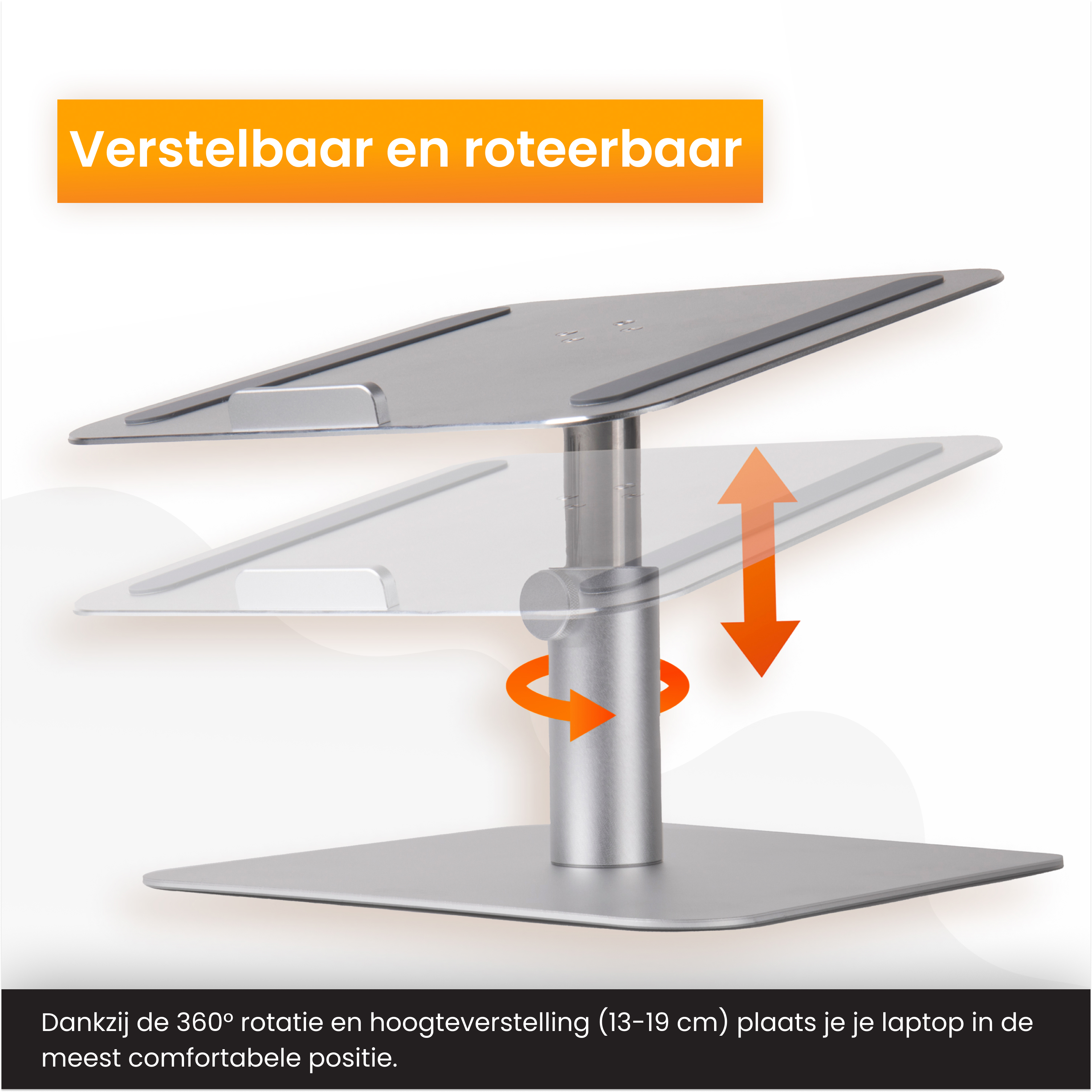 Een zilveren laptopstandaard met een draaibaar en verstelbaar ontwerp. Pijlen geven de richting aan.