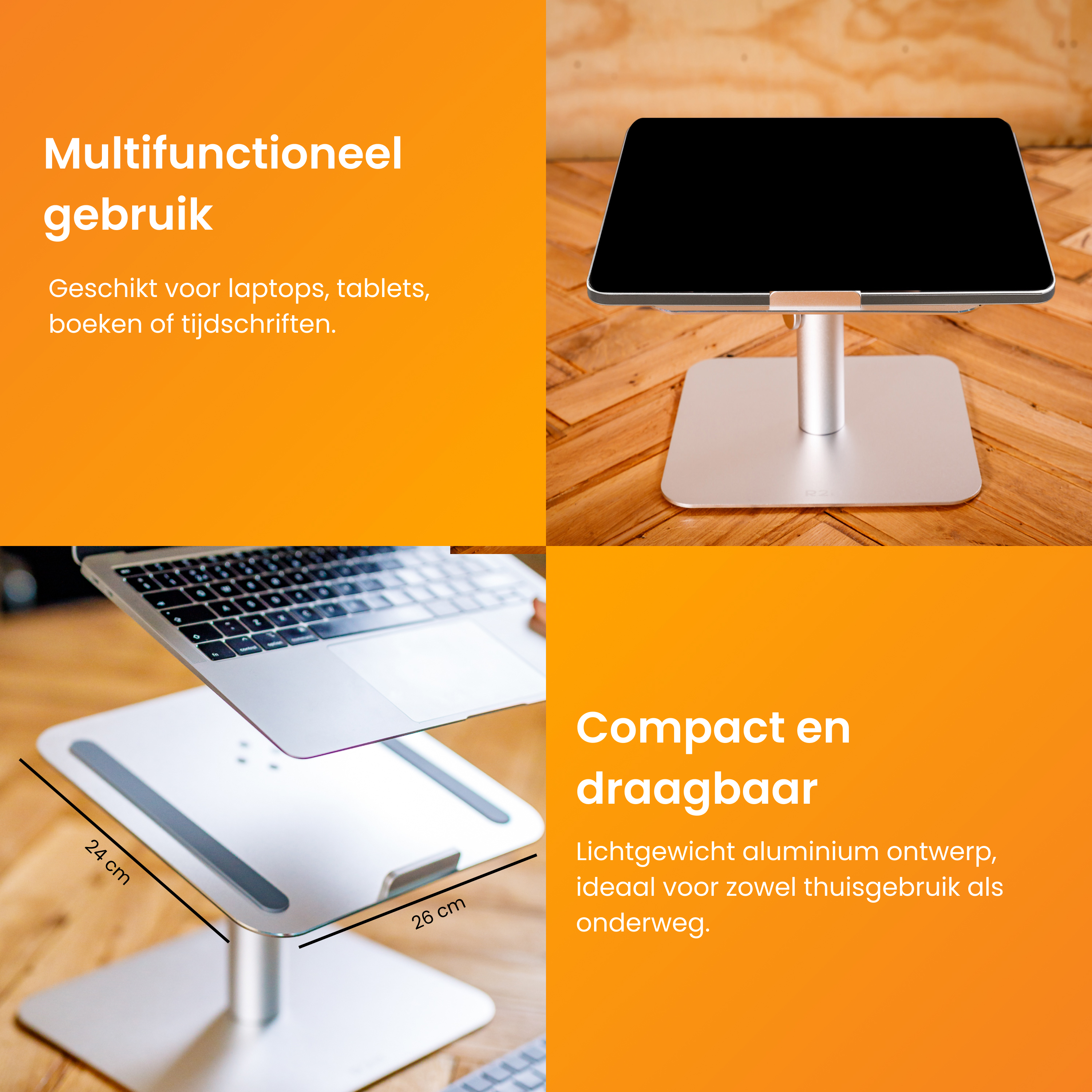 Een zilveren laptopstandaard met een laptop en een tablet, met tekst die compact, draagbaar en multifunctioneel gebruik aangeeft.