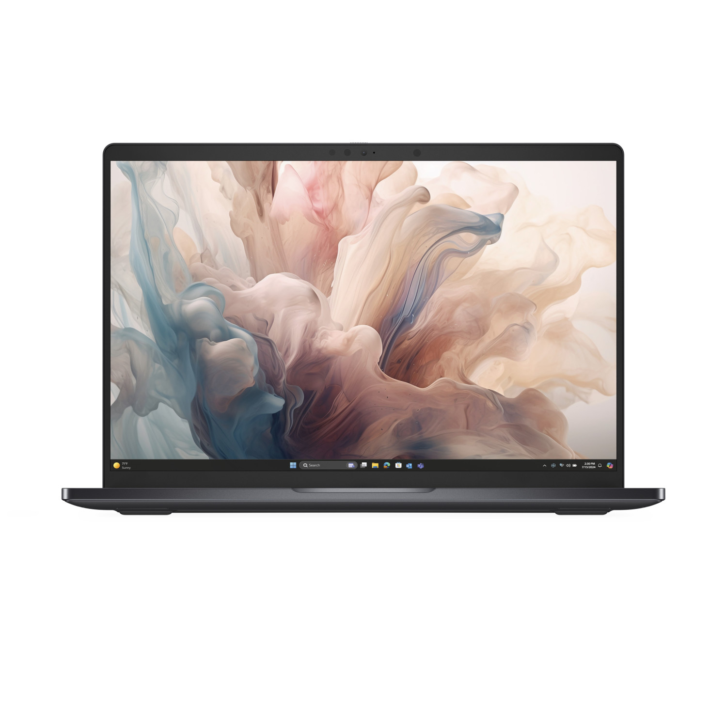 Laptop con immagine astratta colorata sullo schermo, cornice grigio scuro e fotocamera frontale.