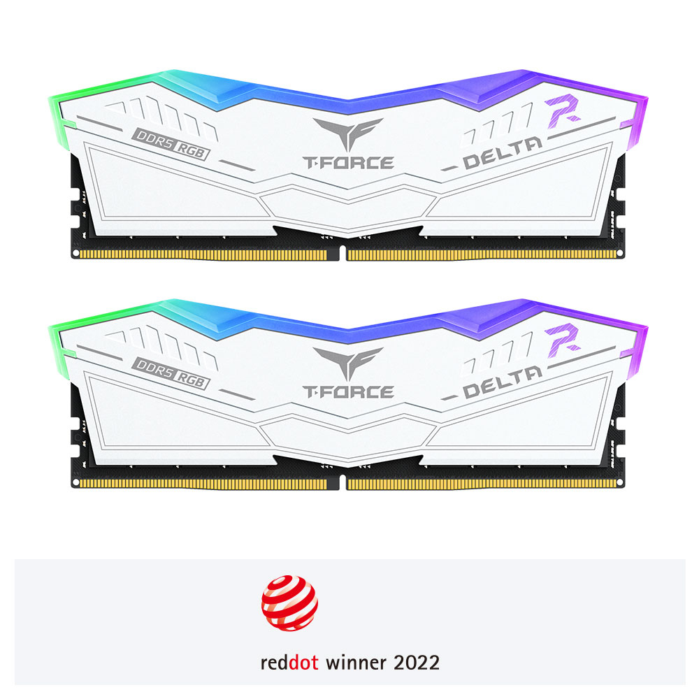 Dwa moduły RAM DDR5 RGB, marki T-FORCE DELTA, z logo Red Dot winner poniżej.