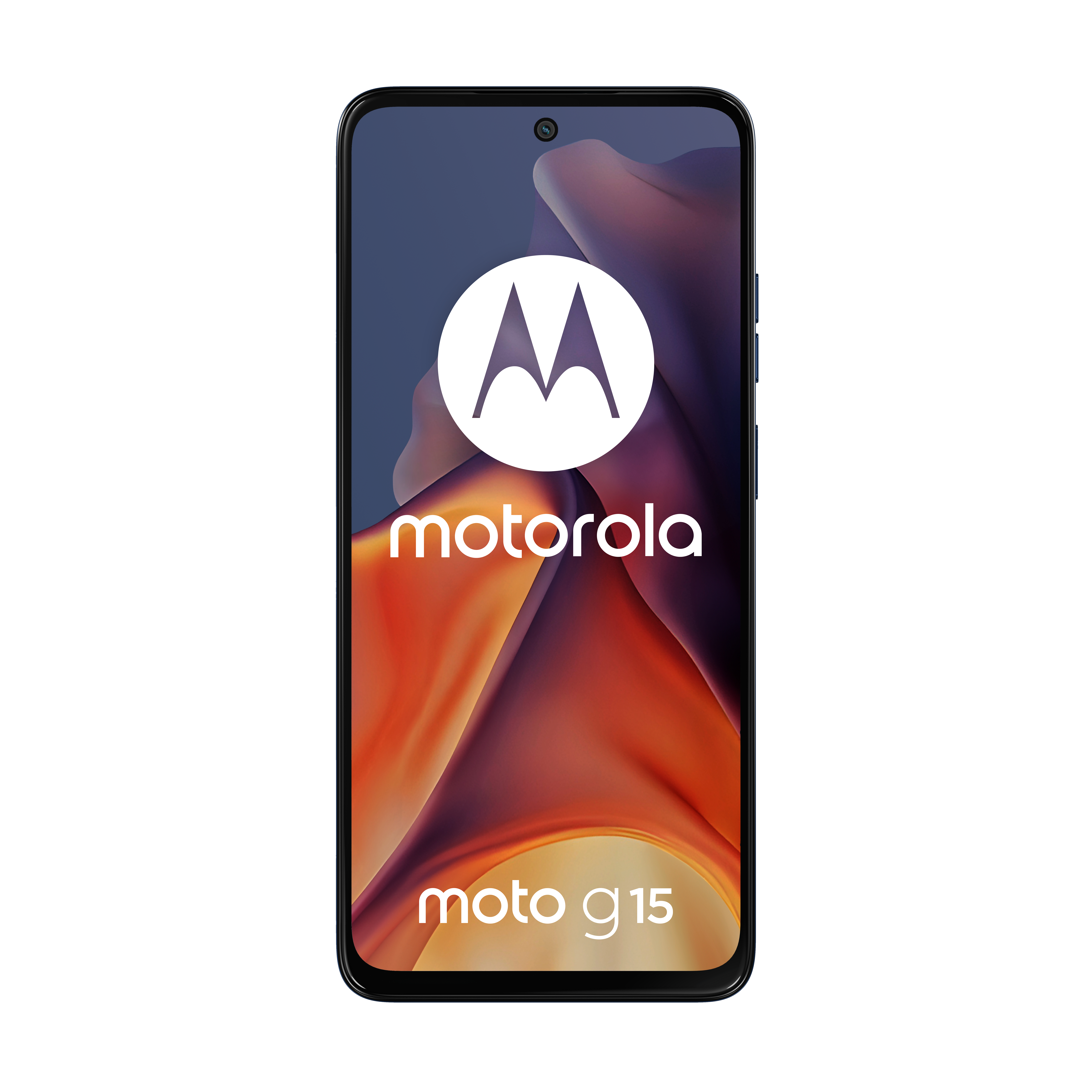 Czarny telefon Motorola Moto G15 z logo na ekranie, pomarańczowe tło gradientowe, białe tło.