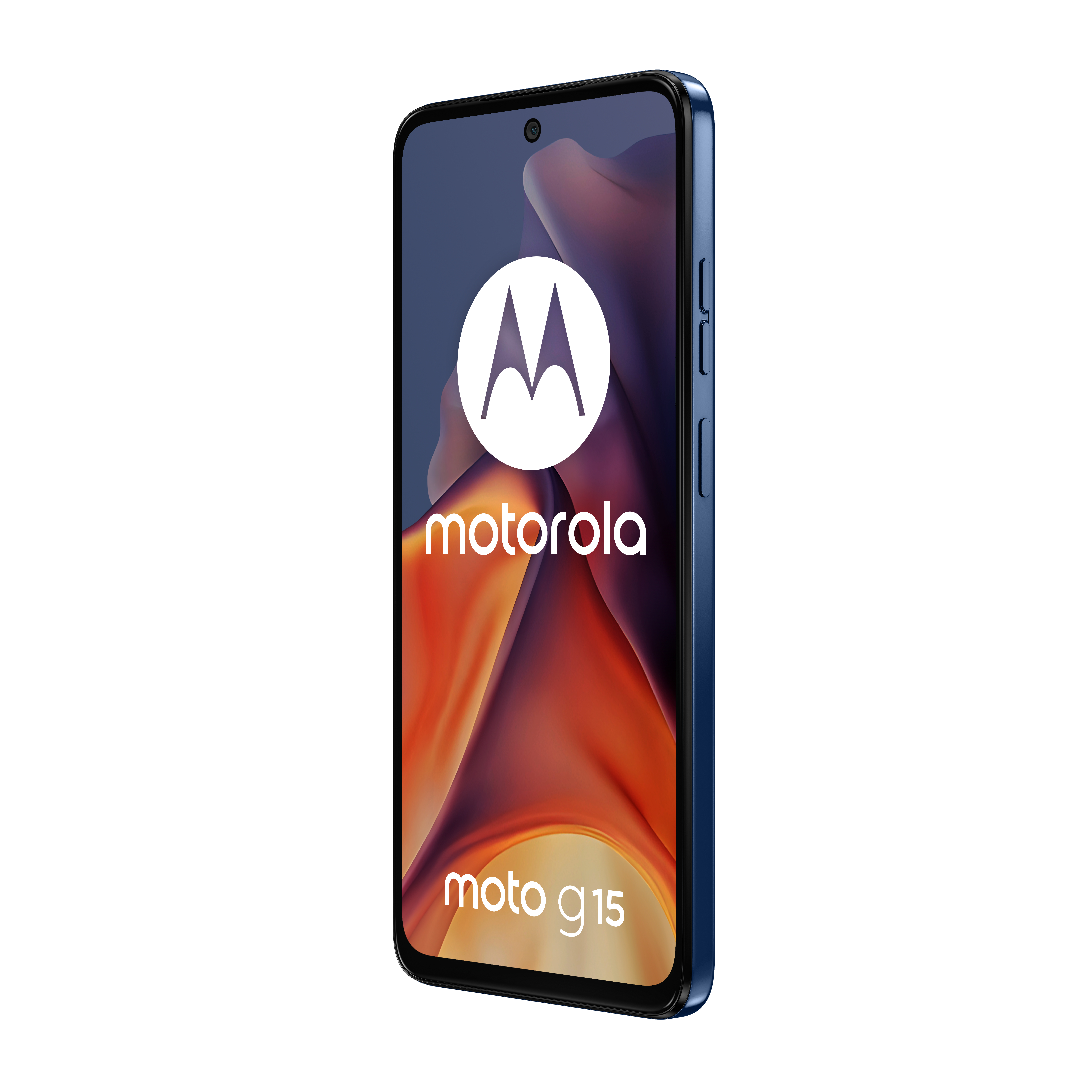 Niebieski telefon Motorola Moto G15. Pokazuje widok z przodu z logo Motorola na kolorowym tle.