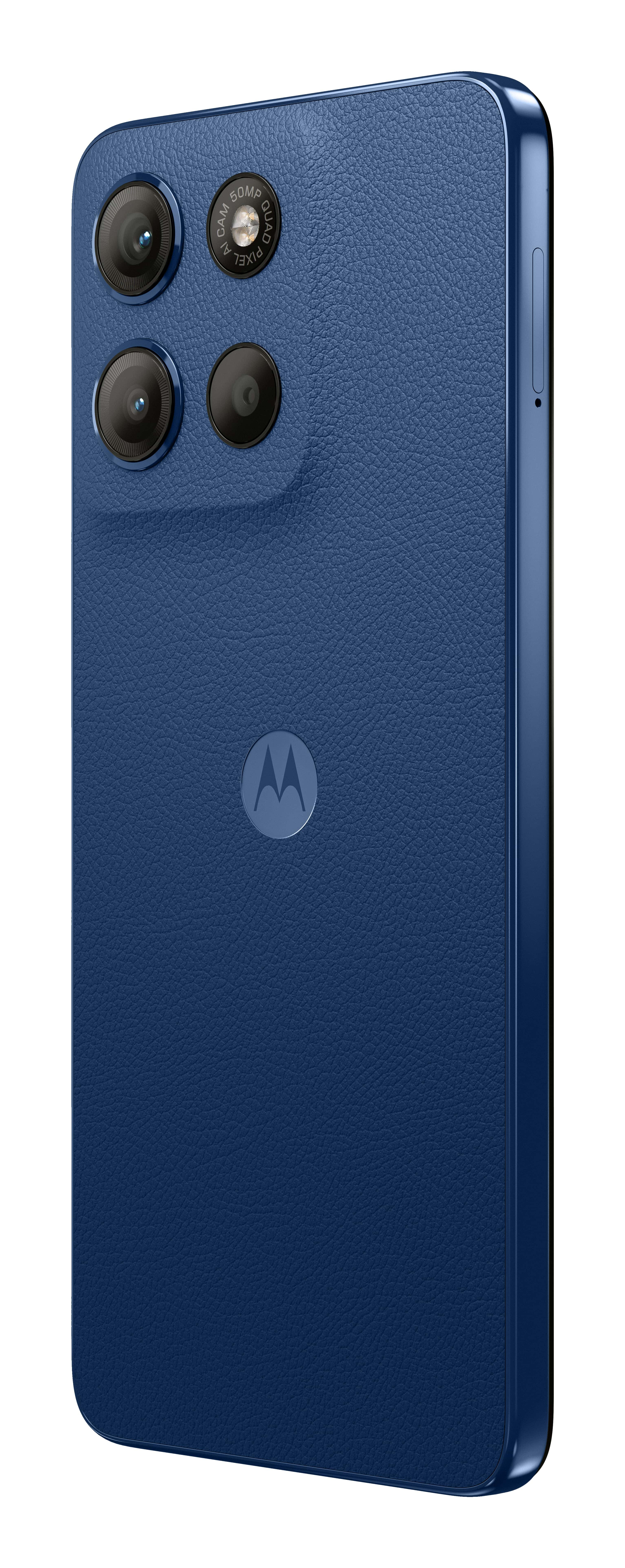 Niebieski telefon Motorola, widok pod kątem. Zestaw czterech aparatów, logo Motorola. Widok z boku urządzenia.