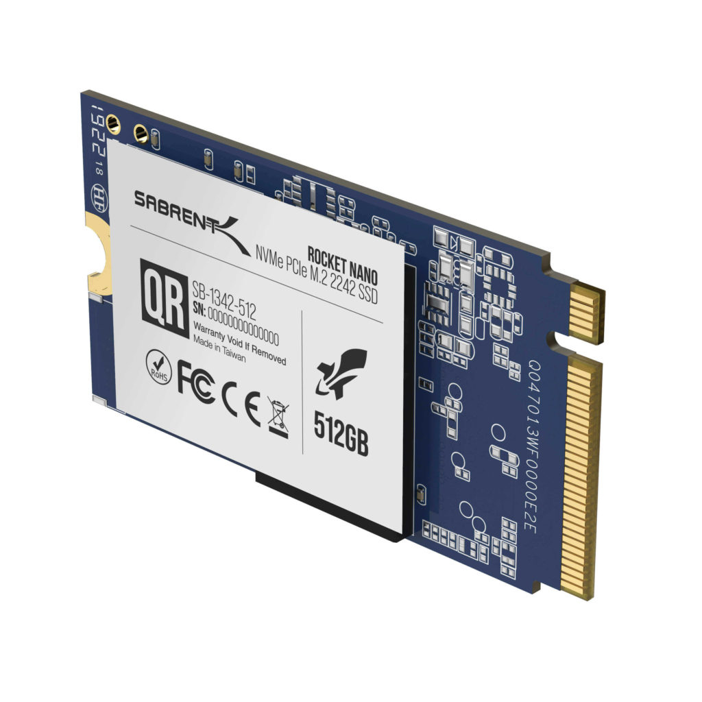 Niebieski dysk SSD NVMe PCIe M.2 2242, pojemność 512 GB, z marką i złączami.