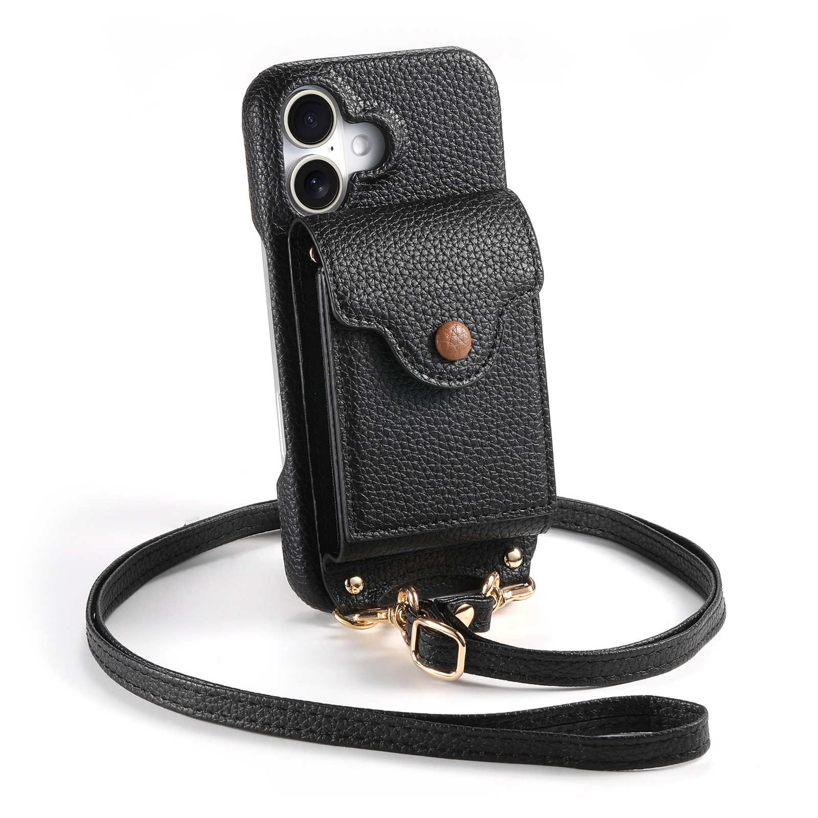 Custodia nera per telefono con cinturino. Ha una piccola tasca e un cinturino. Il cinturino è regolabile.