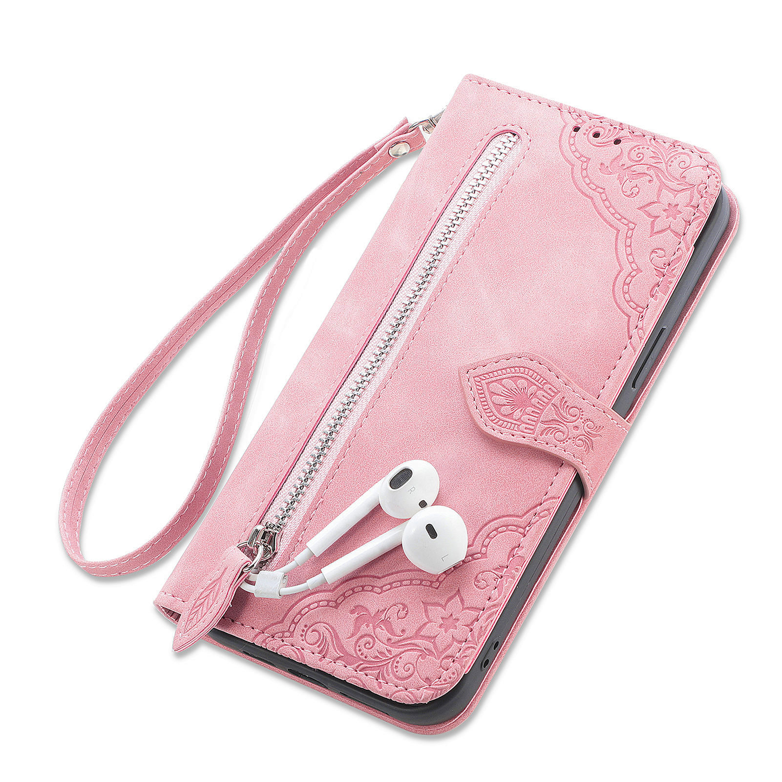 Custodia a portafoglio rosa per telefono con design floreale. Auricolari e cerniera. Sfondo bianco.
