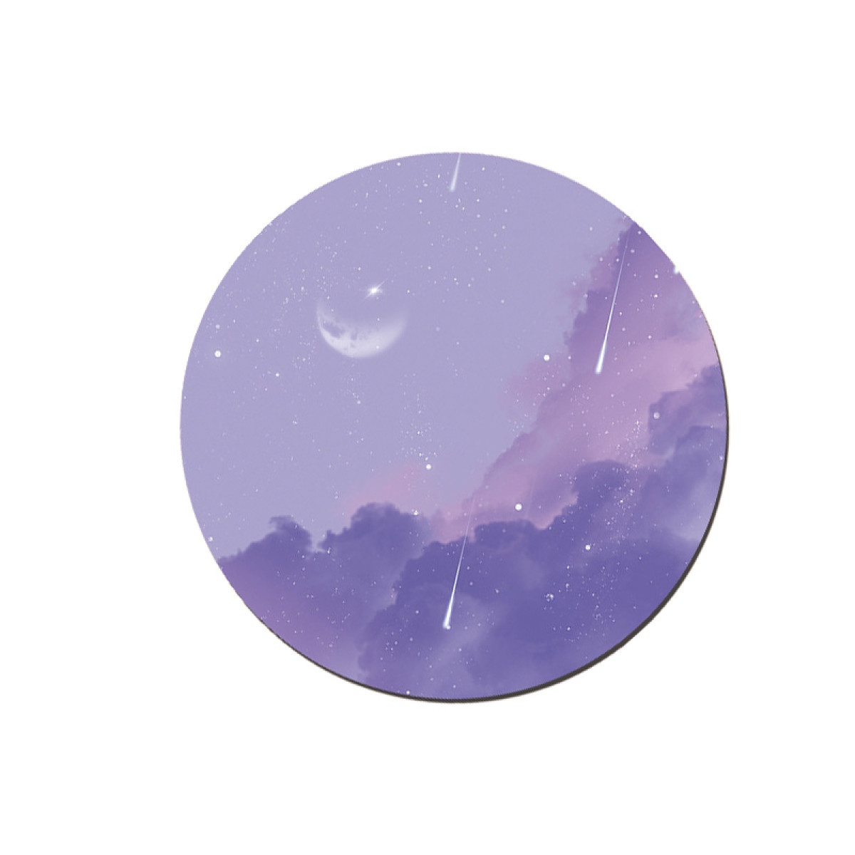 Un sottobicchiere rotondo con un design a cielo notturno con luna e stelle cadenti.