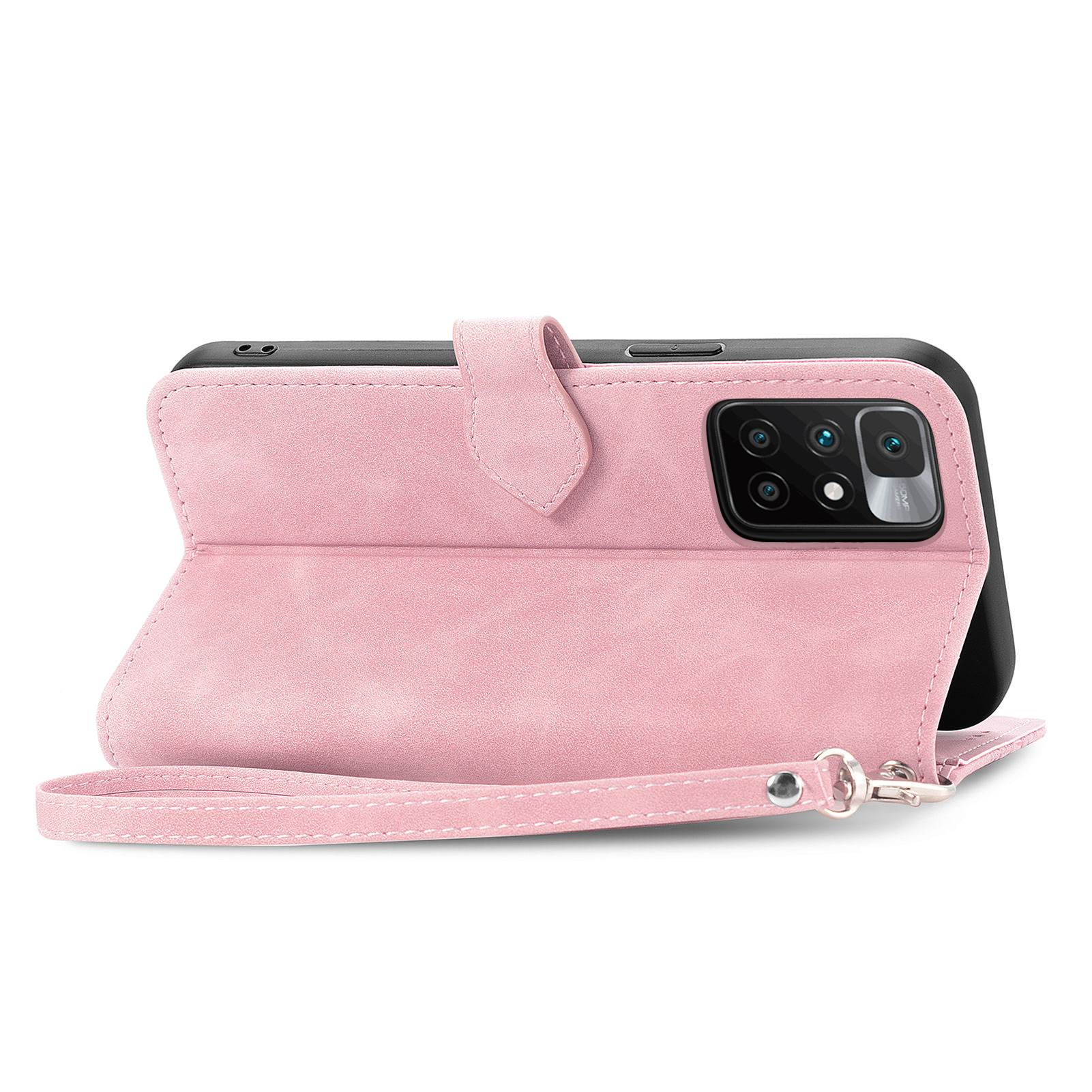 Una custodia rosa per telefono con cinturino, parzialmente aperta, che mostra il telefono e la fotocamera.