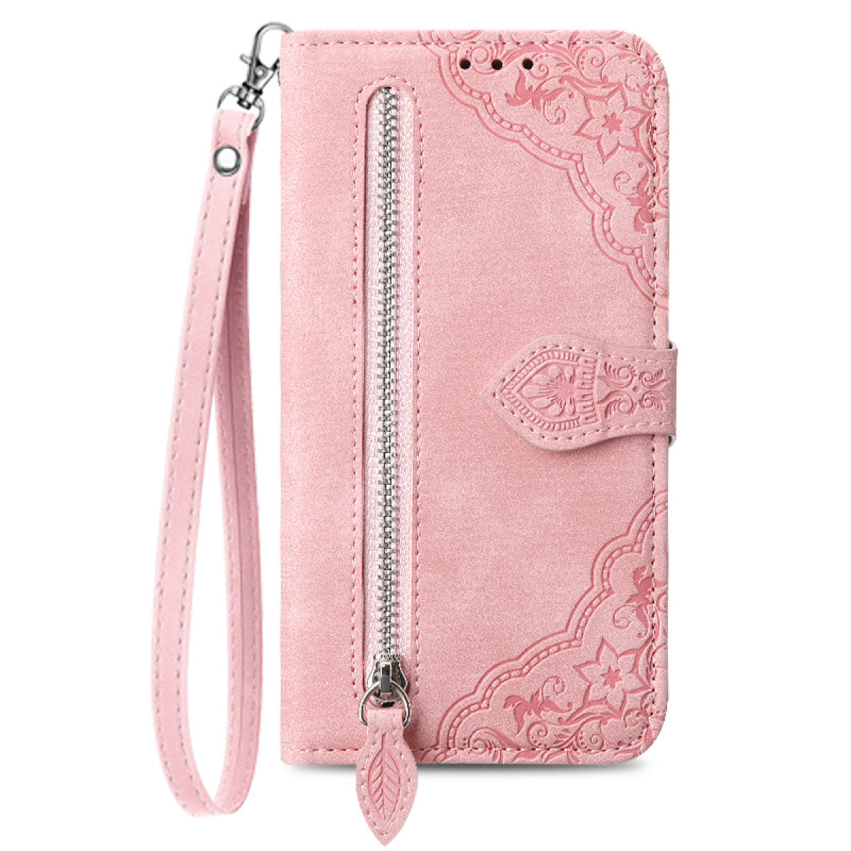 Custodia per telefono rosa con cerniera, cinturino da polso e goffratura floreale decorativa.