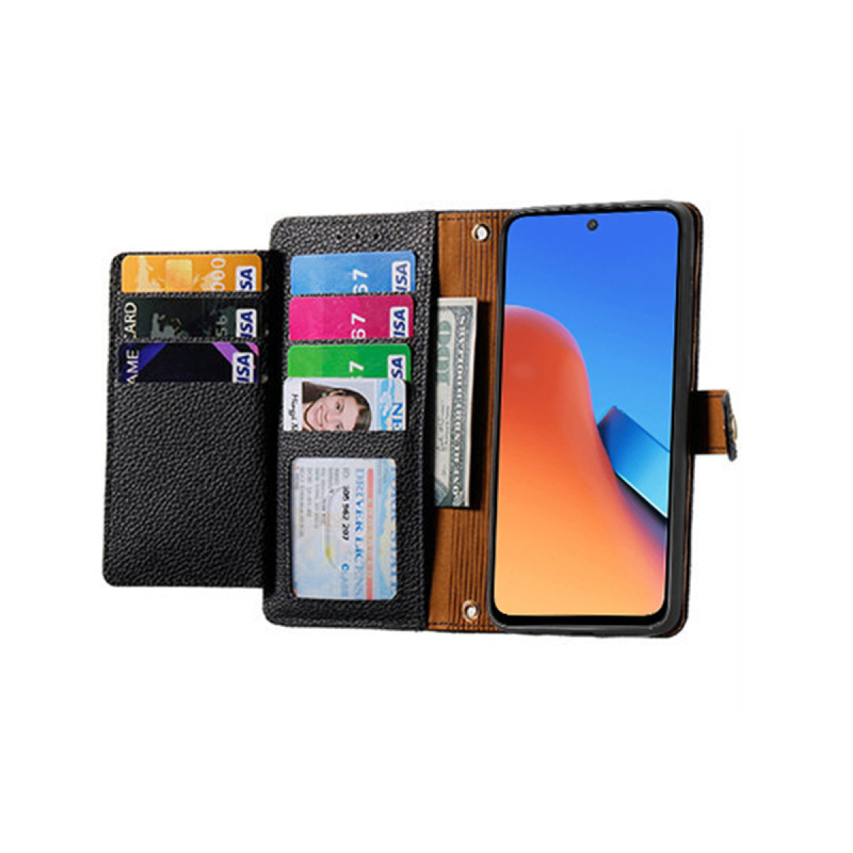 Portafoglio aperto con telefono, carte e contanti visibili.