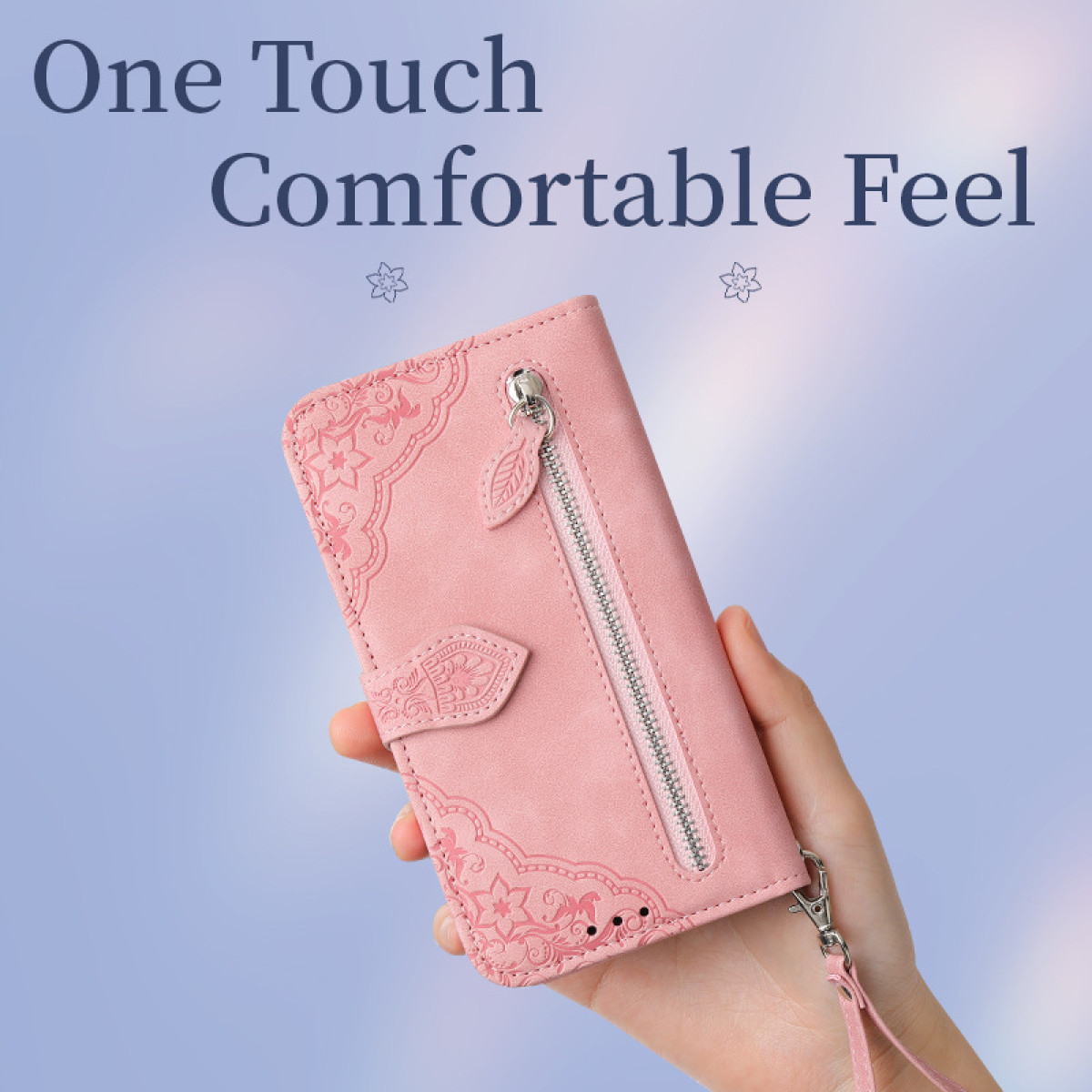 Una custodia a portafoglio rosa con cerniera e cinturino, con il testo 'One Touch Comfortable Feel'.