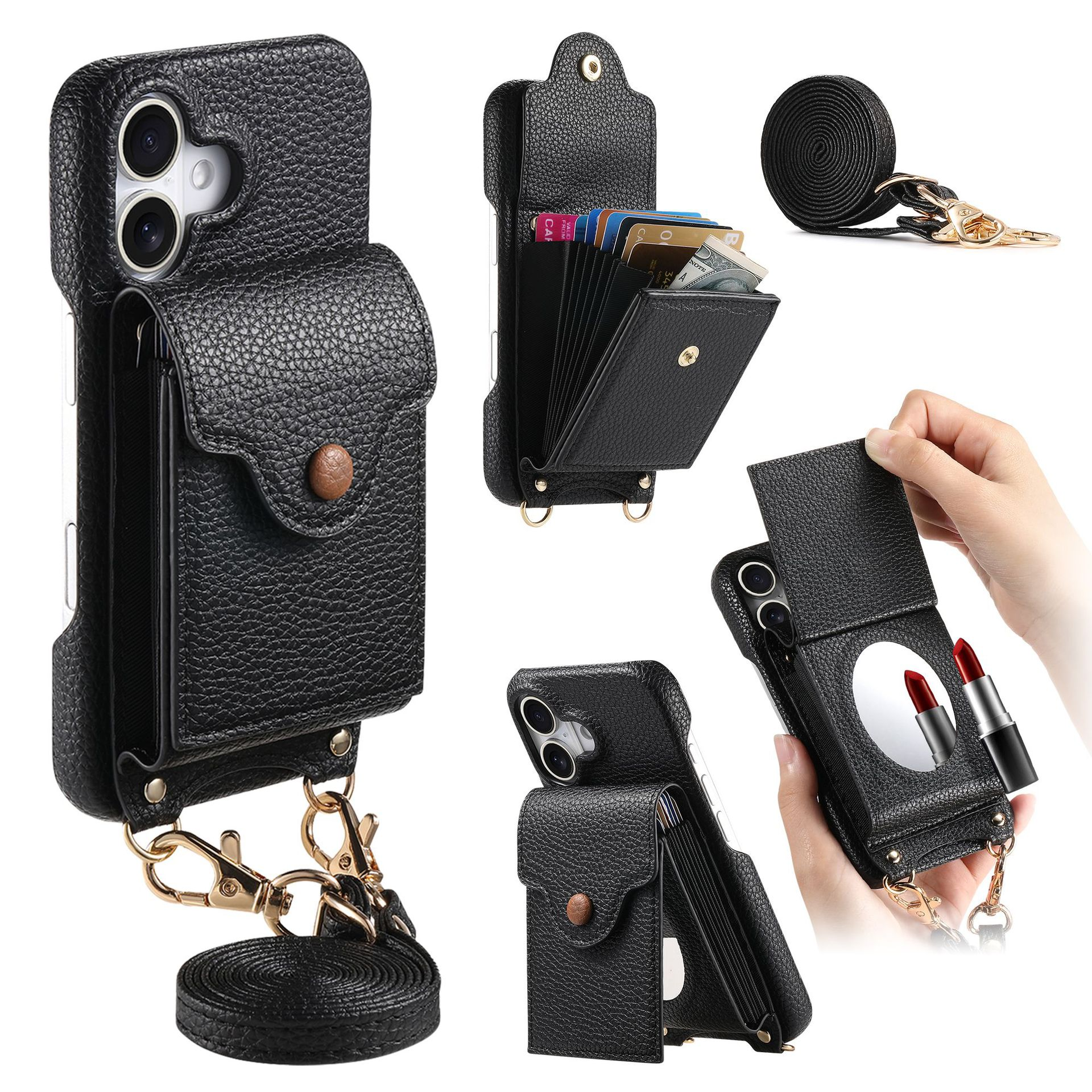 Custodia per telefono nera con funzioni portafoglio. Diverse viste, con rossetto e carte. Sfondo bianco.