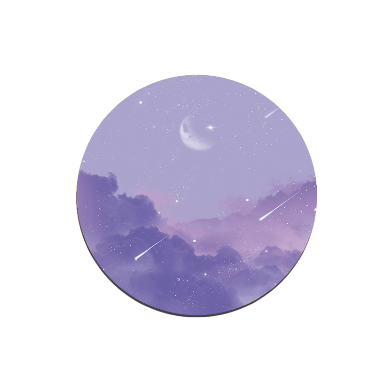 Un'illustrazione circolare di un cielo notturno con una luna crescente, stelle e stelle cadenti.