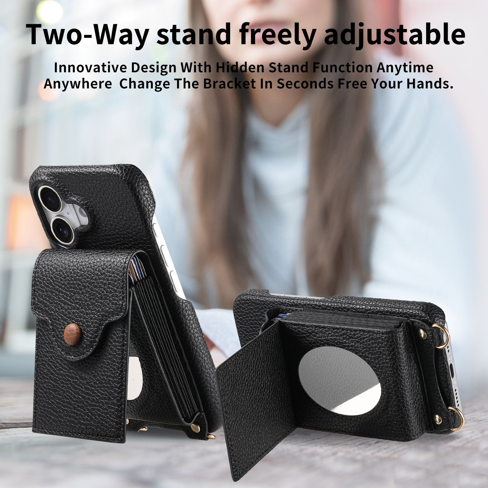 Custodia per telefono in pelle nera con funzione stand. Persona sfocata sullo sfondo.