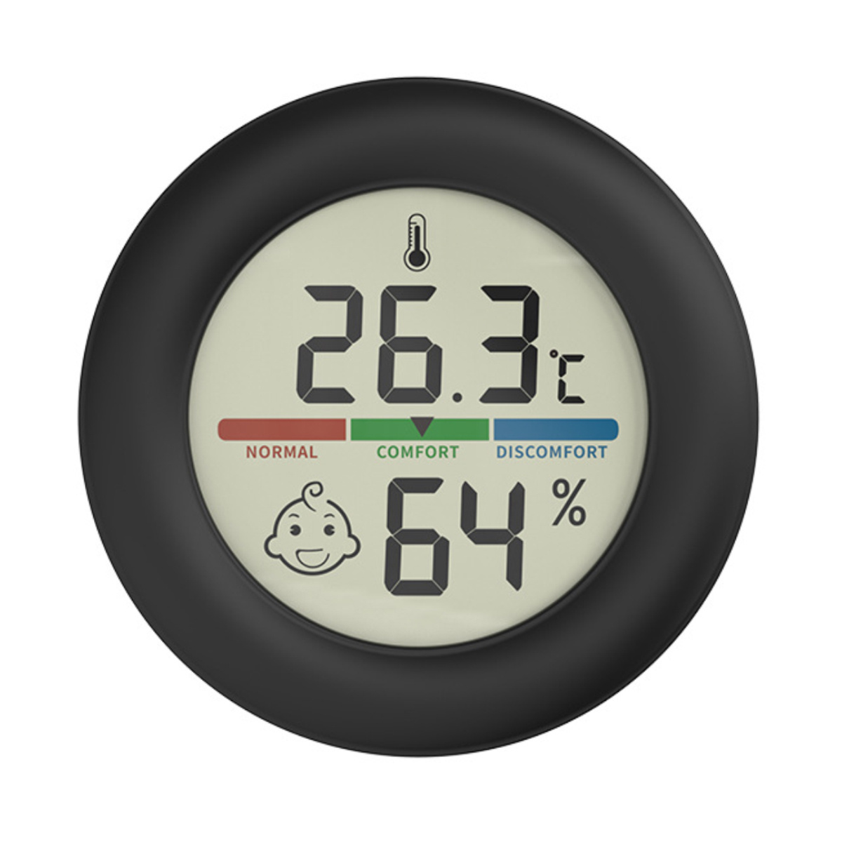 Ein schwarzes, rundes digitales Thermometer zeigt Temperatur und Luftfeuchtigkeit mit einem Baby-Symbol an.