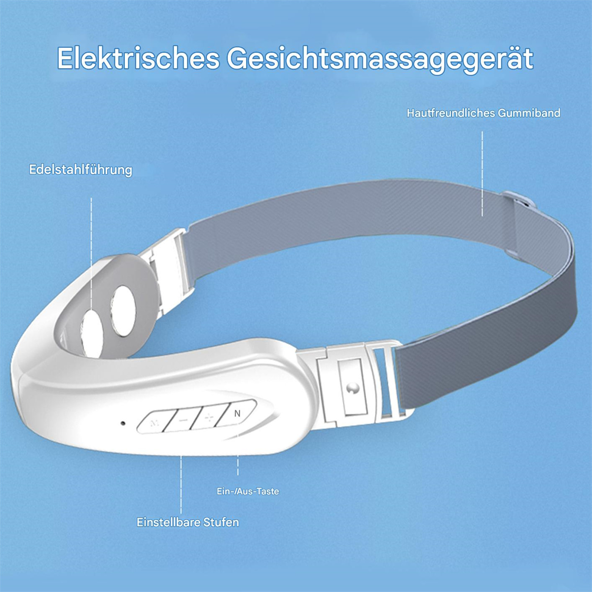 Ein weißes elektrisches Gesichtsmassagegerät mit grauem Band auf blauem Hintergrund.
