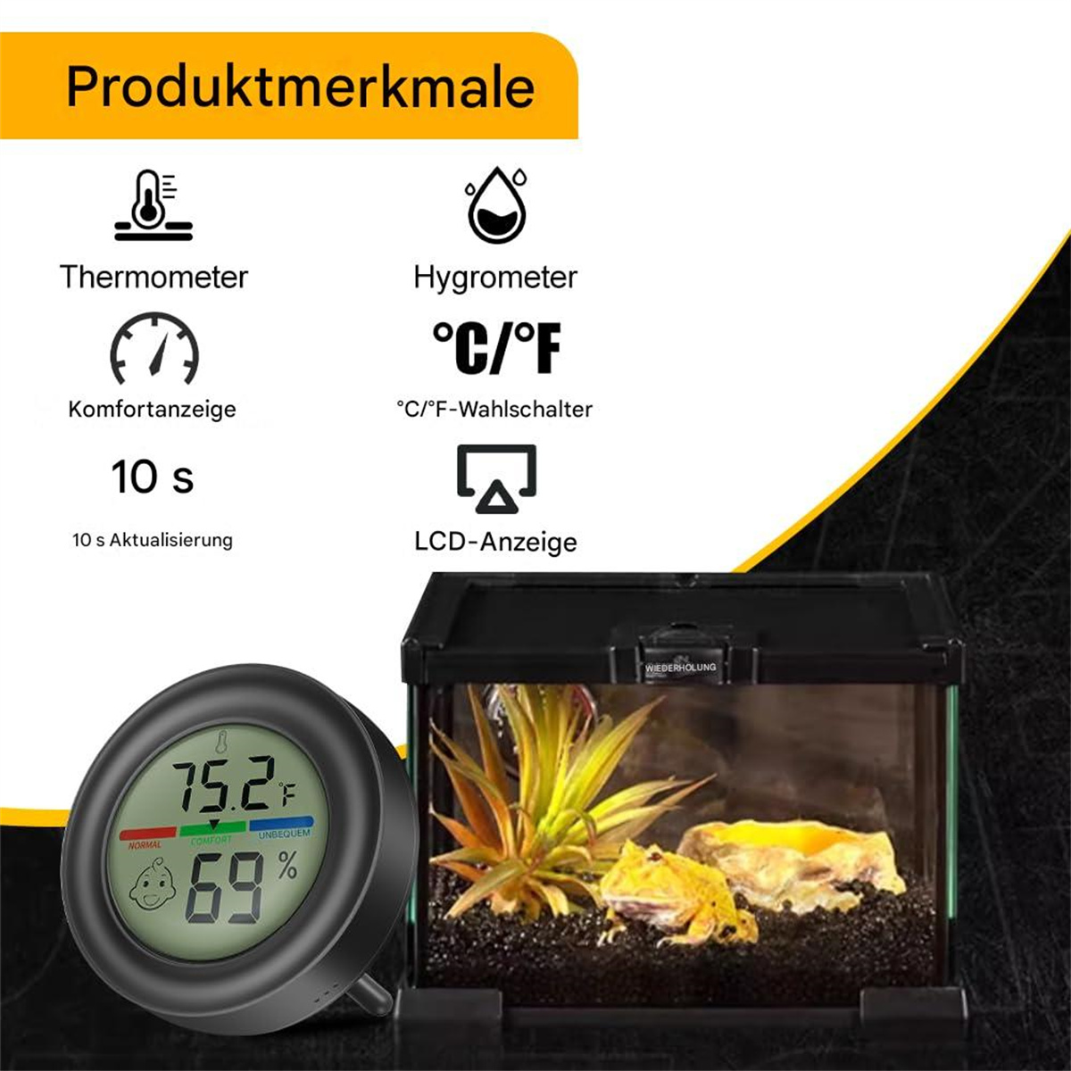 Ein digitales Thermometer zeigt 75,2°F und 69%. Das Bild beinhaltet ein Terrarium mit einem Frosch und Pflanzen.