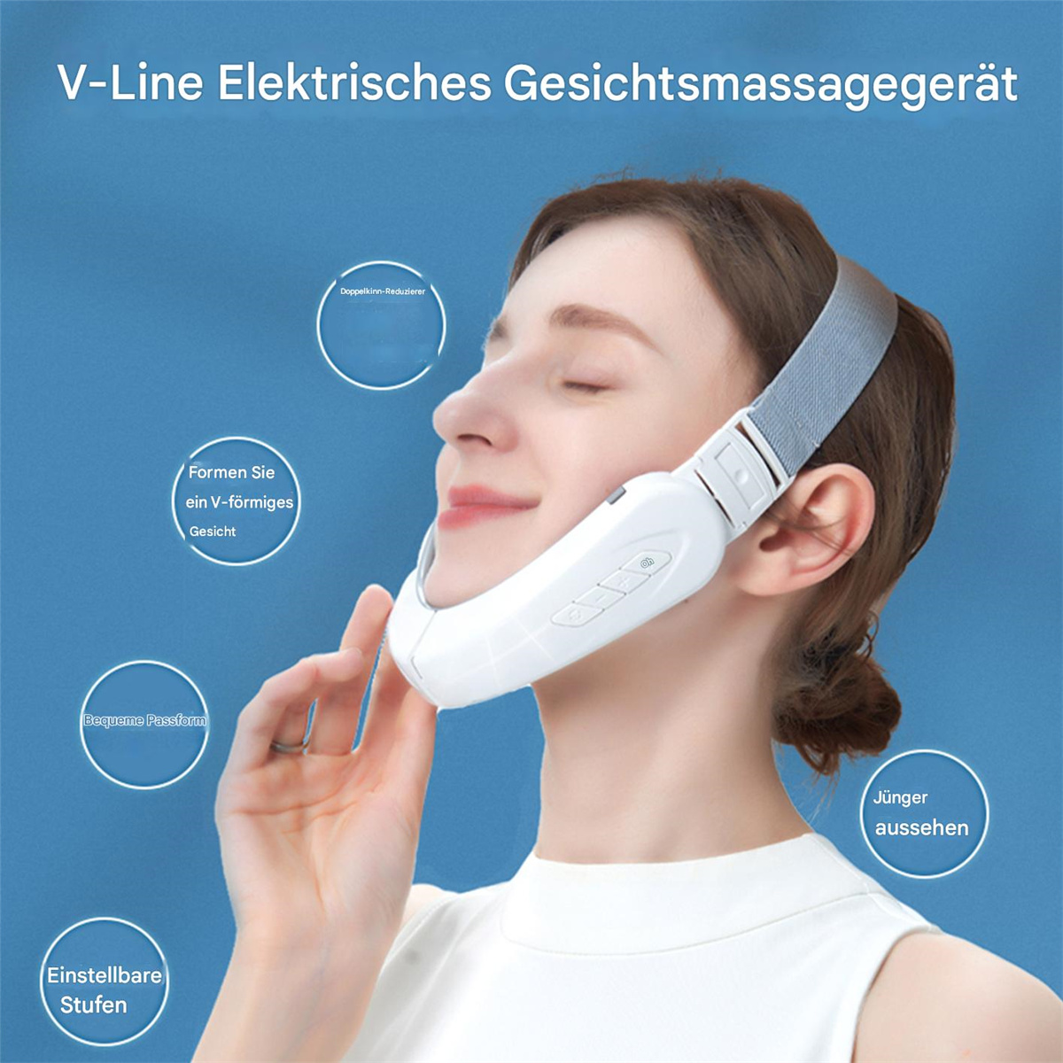 Frau, die ein V-Linien-Gesichtsmassagegerät trägt. Das Gerät ist weiß und hat einen Riemen um den Kopf.