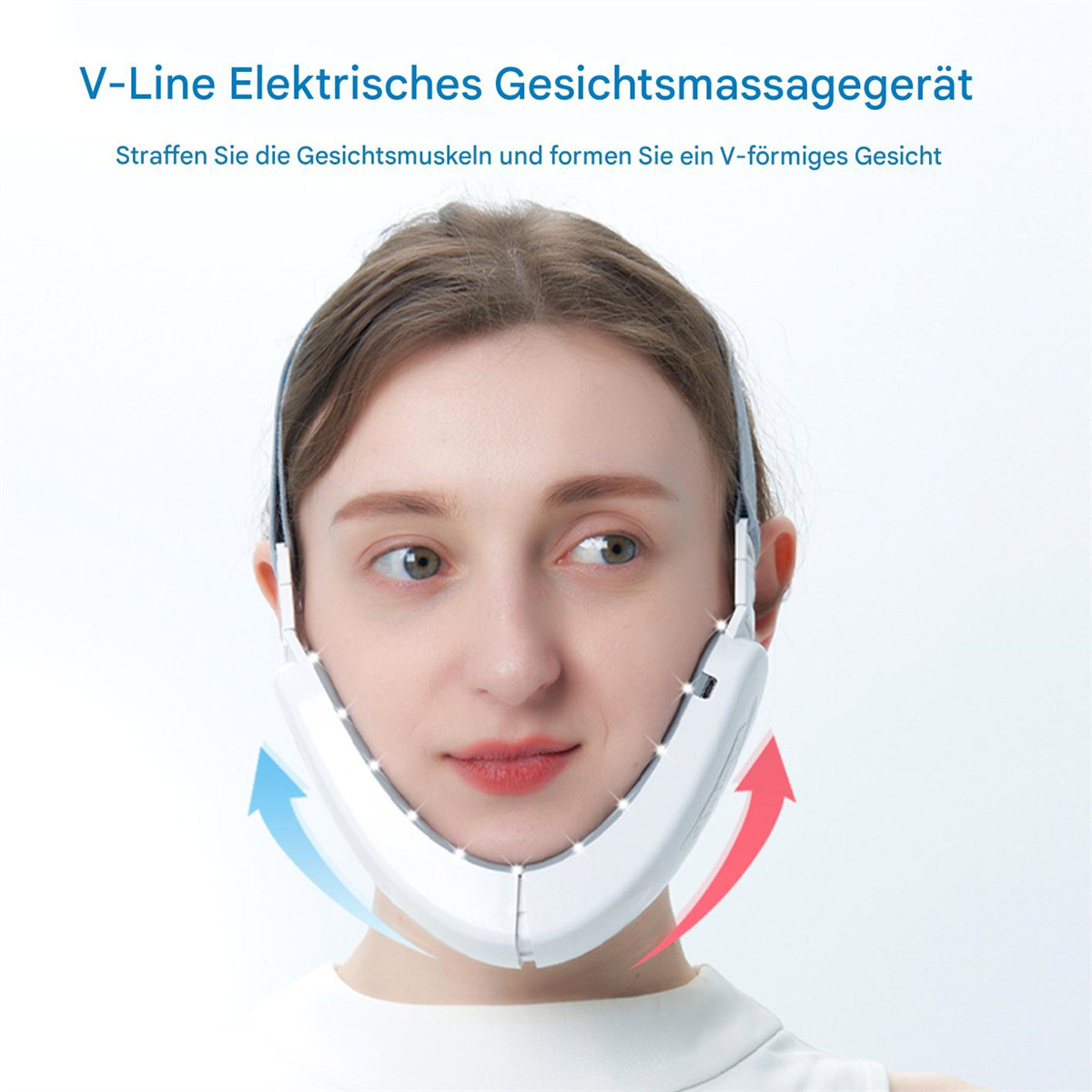 Eine Frau, die ein weißes V-förmiges Gesichtsmassagegerät trägt, mit Pfeilen, die die Anwendungsrichtung zeigen.