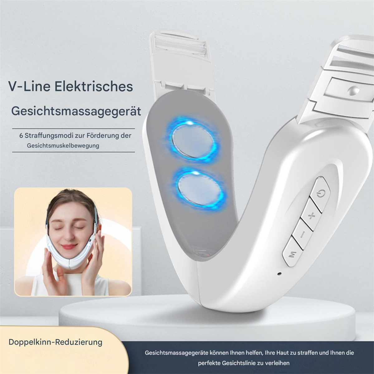 Weißes V-Linien-Gesichtsmassagegerät mit blauen Lichtern und eine Frau, die es trägt. Text und Produktdetails sind sichtbar.