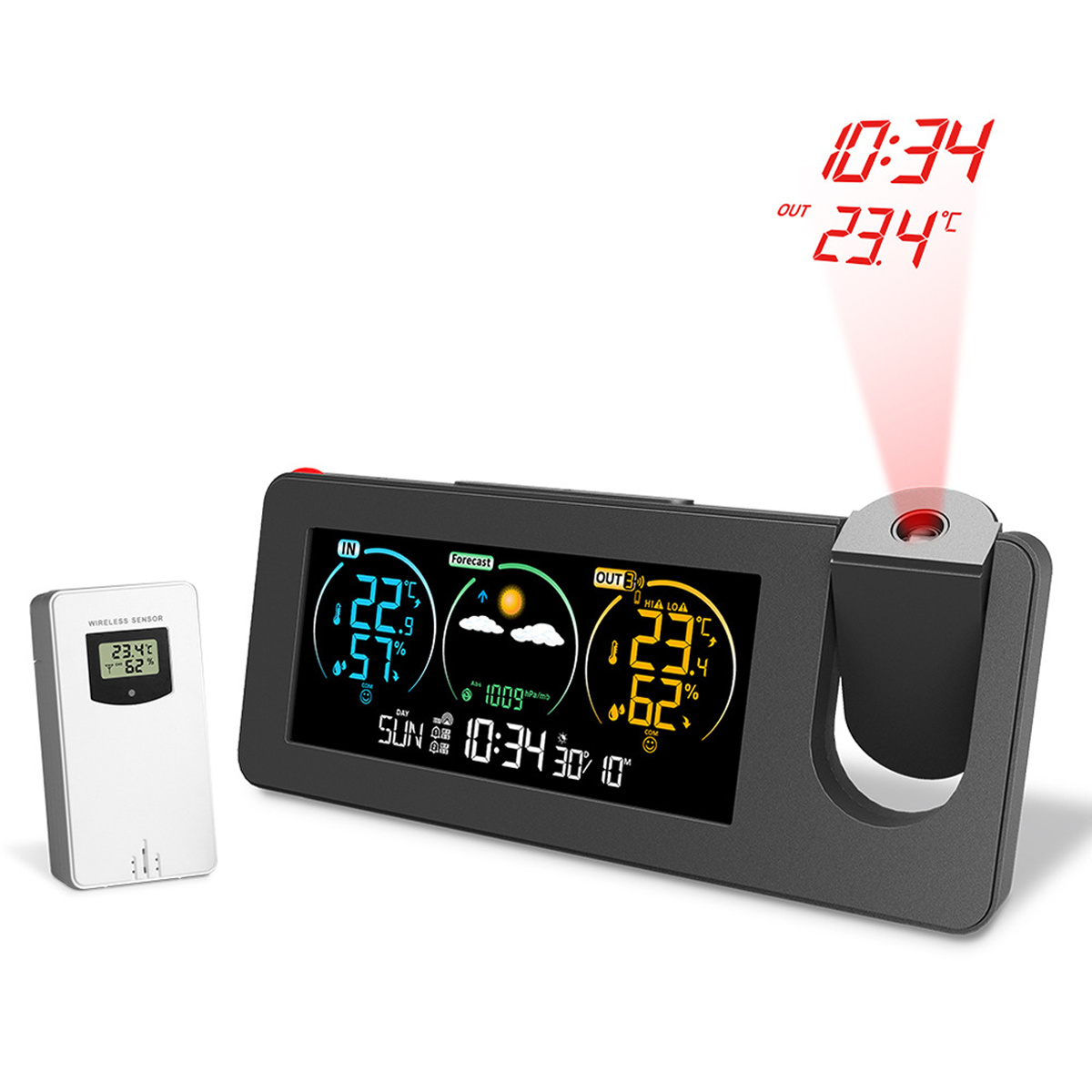 Eine Wetterstation mit Anzeige von Zeit, Vorhersage und Temperatur, mit Projektion.