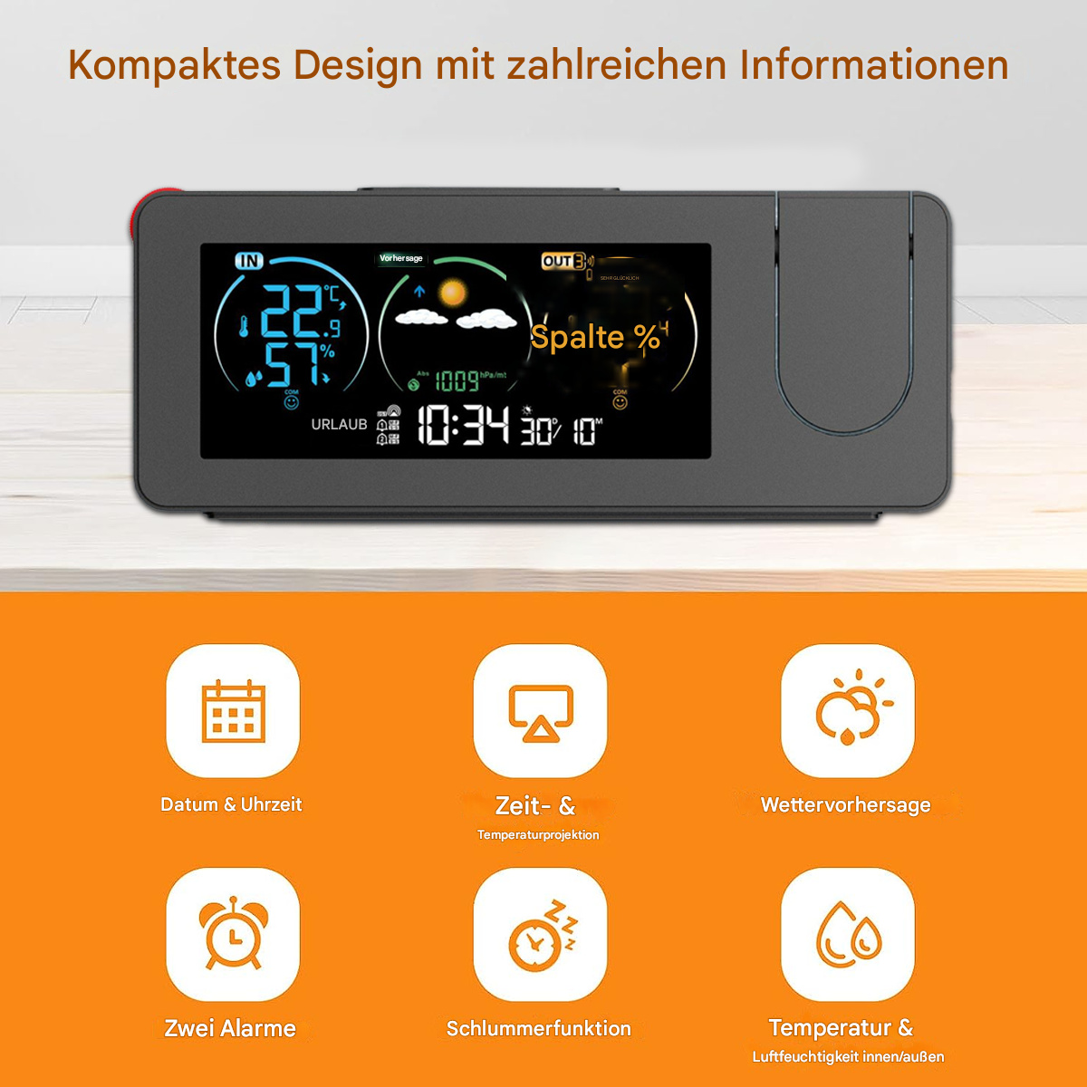 Digitale Wetterstation mit einem Bildschirm, der Wetterdaten und mehrere Symbole anzeigt. Oranger Hintergrund mit Symbolen unten.